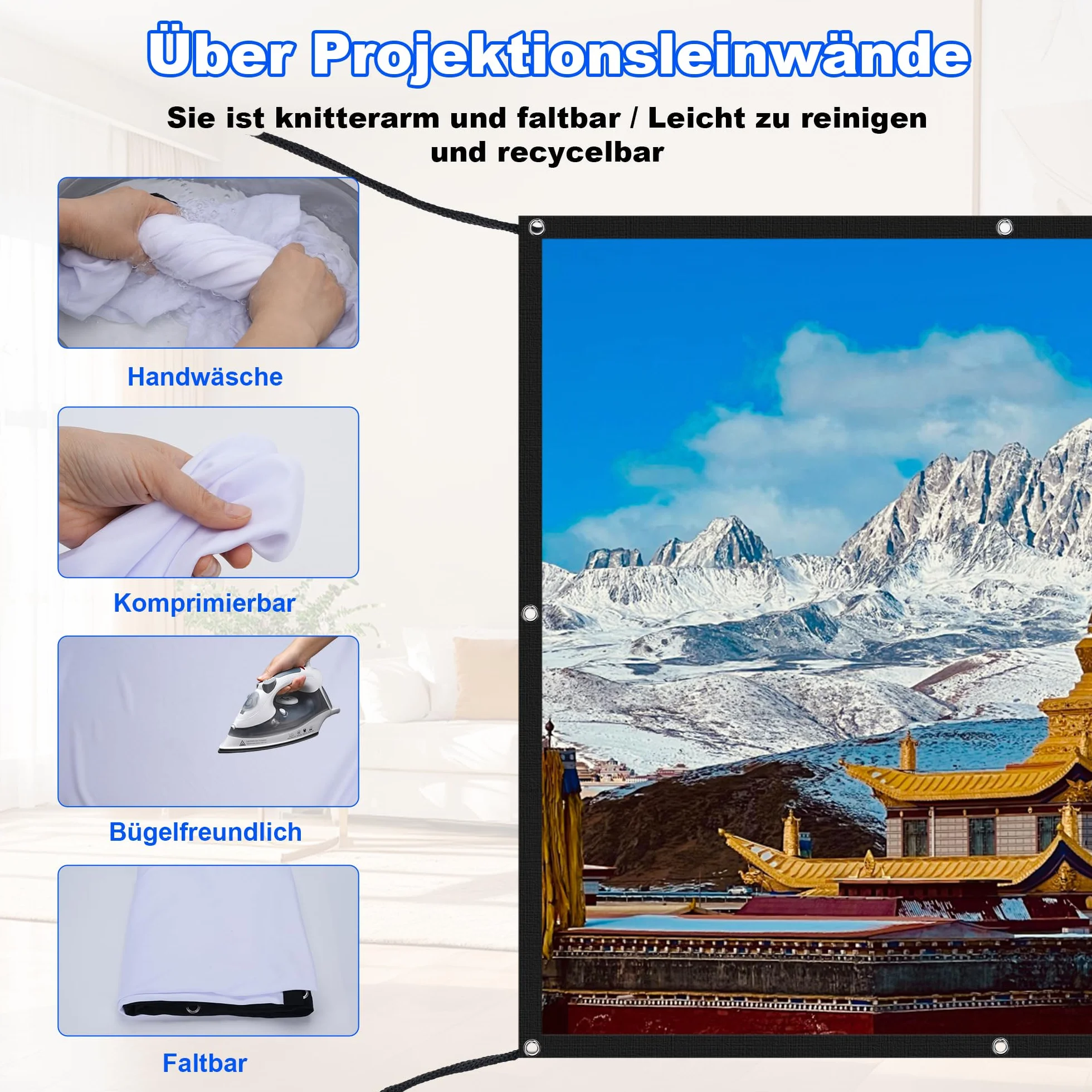 Écran de Projection 100 Pouces 16:9 4K Full HD Pliable Anti-Plis pour Cinéma Maison