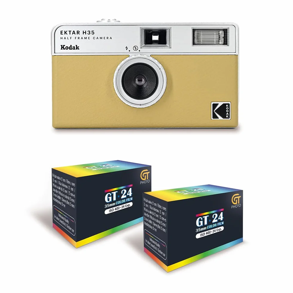 KODAK EKTAR H35 - Caméra Vidéo Demi-Format 35mm Réutilisable, sans Mise au Point, Légère, Facile à Utiliser - Sable + 2 Pellicules 35mm Couleur 24 Expositions