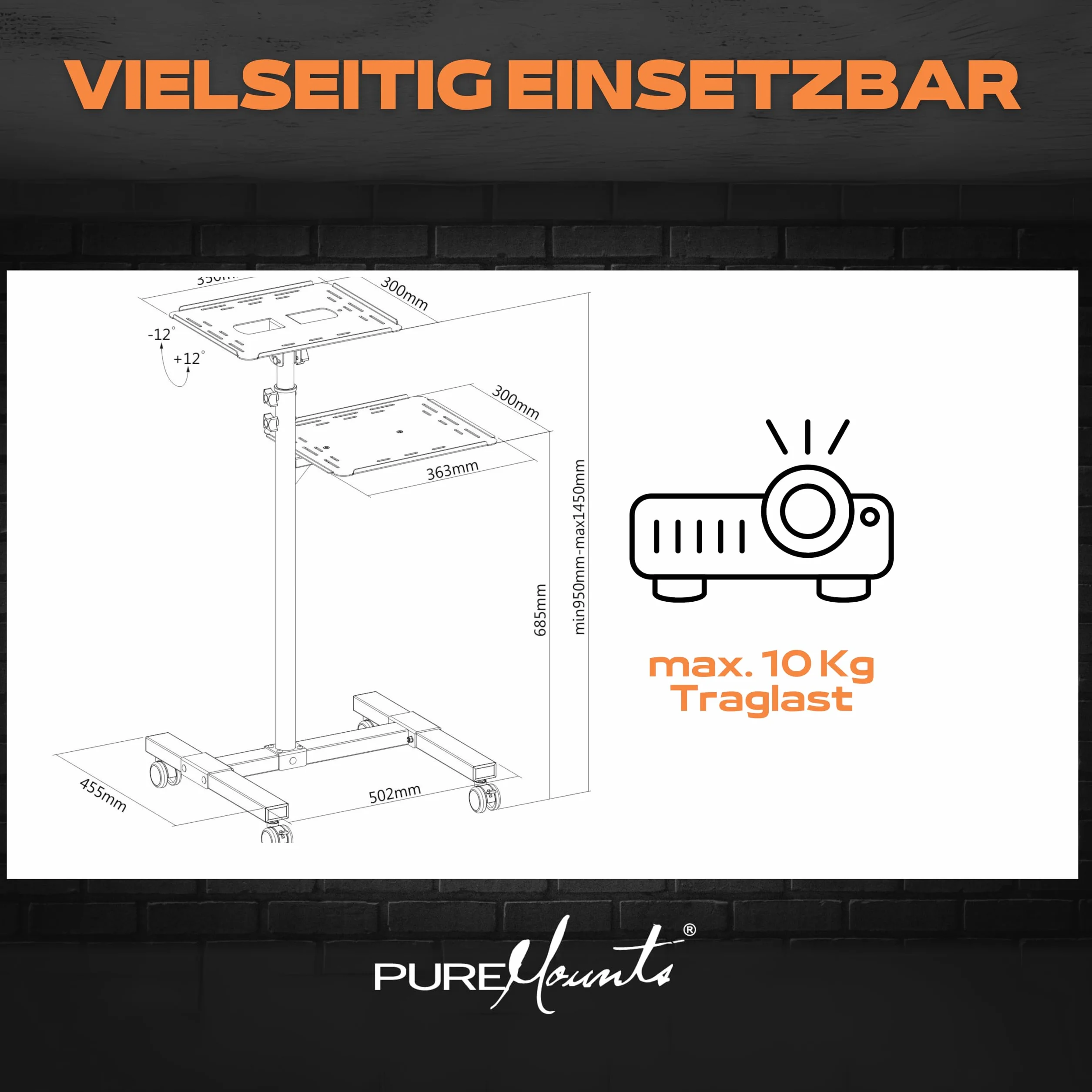 PureMounts PM-PCART-10 Chariot de Projection inclinable réglable 950-1450 mm, roulettes verrouillables, charge 10 kg, Noir