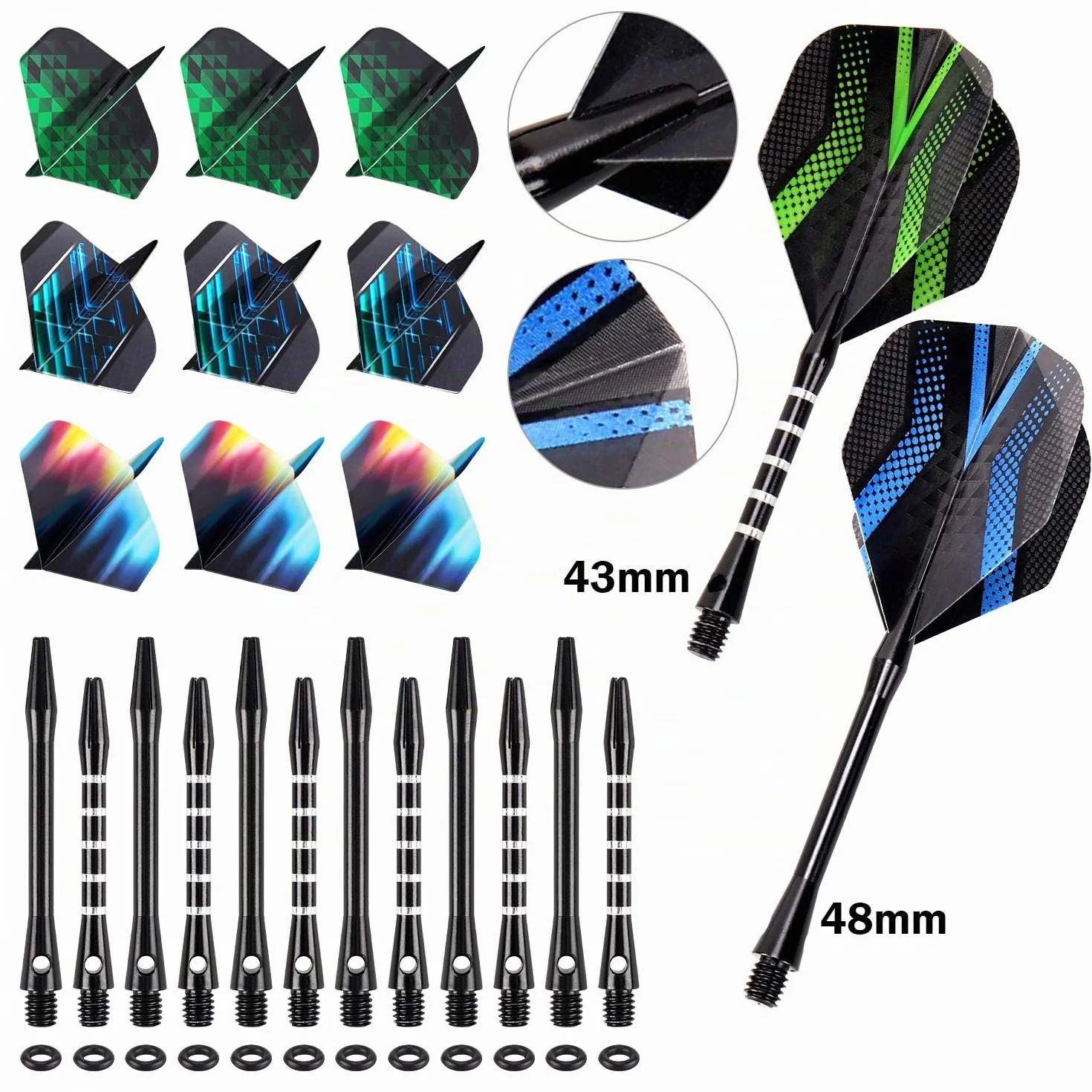Lot de 12 fléchettes Professionnelles Pointe métal Tige Aluminium 18 Ailettes Anneaux