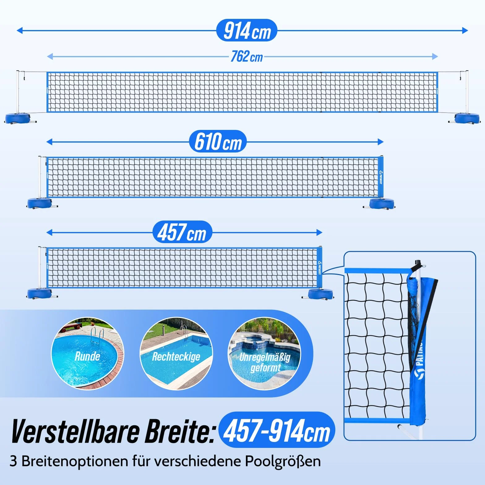 Kit de volley-ball de piscine portable réglable 4,5-7,6 m avec barres solides sac à eau 27 L jeu de volleyball