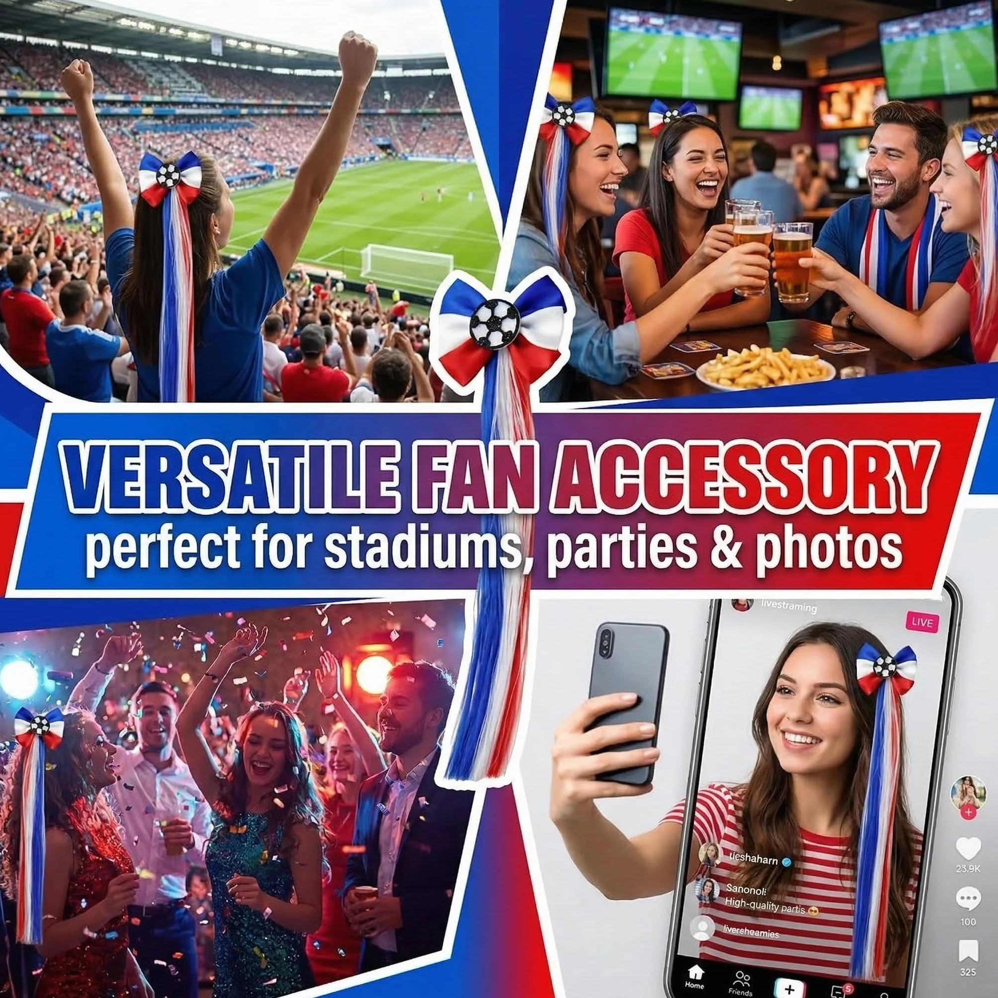 Accessoire Cheveux Fille Bleu Blanc Rouge Foot, Décoration Photo Supporters Football