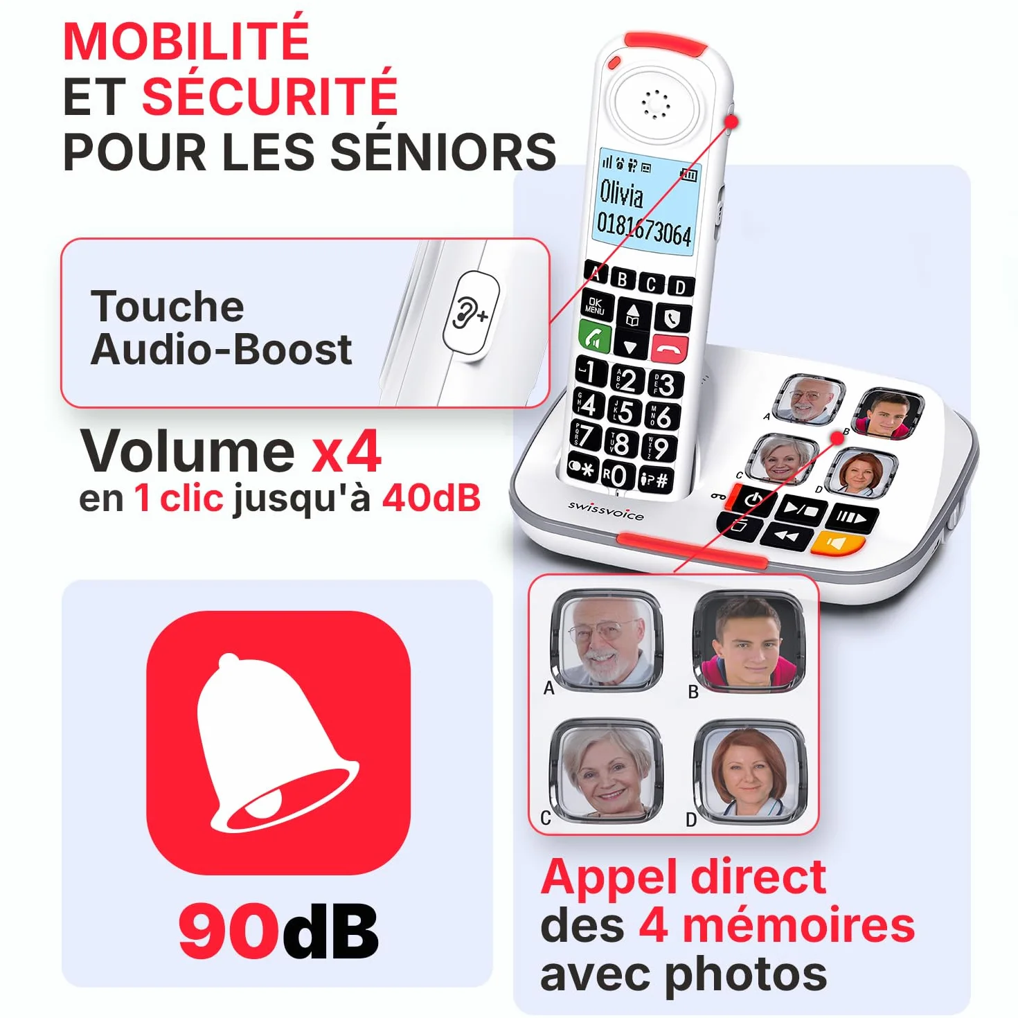SWISSVOICE Xtra 2355 Téléphone Fixe Sans Fil DECT Larges Touches Répondeur Blanc