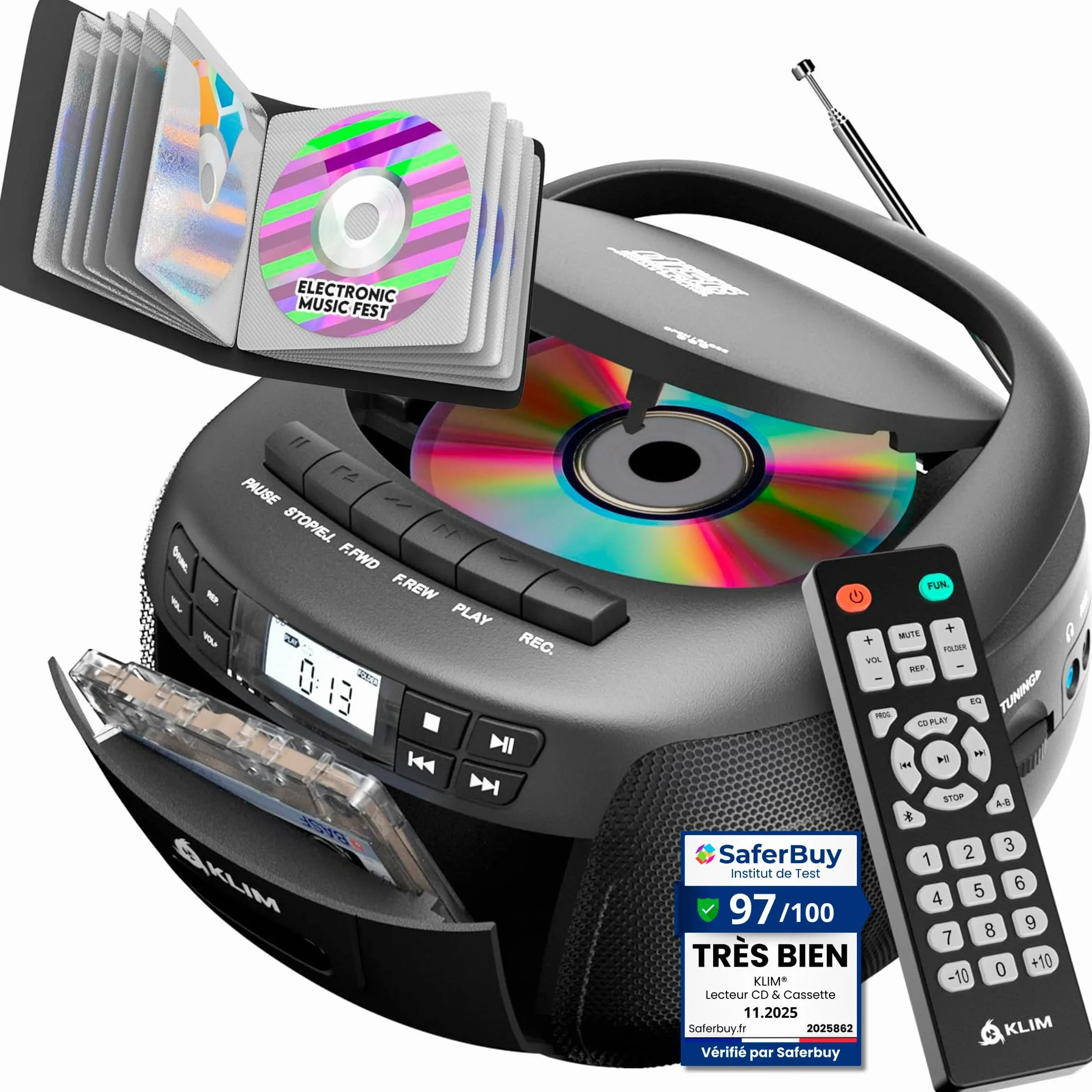 KLIM Lecteur CD Bluetooth Cassette Radio AM/FM Stéréo avec Télécommande Enregistrement USB AUX