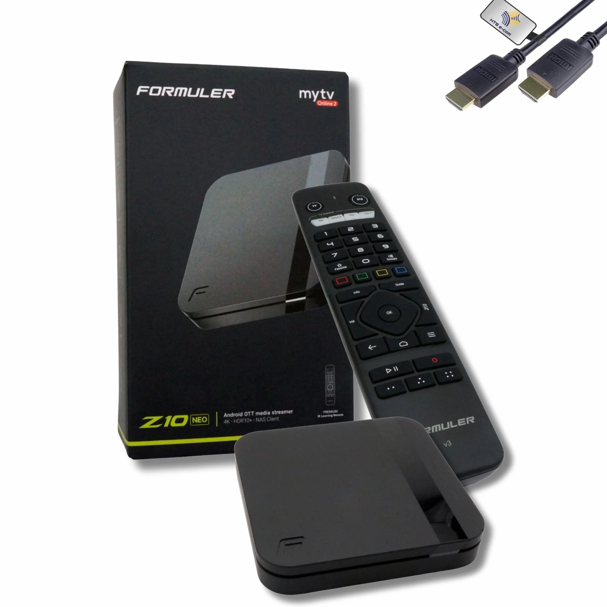 Formuler Z10 Neo 4K Android 10 Lecteur média OTT, 4K UHD 10-bit 60fps h.265, HDR10+ Smart OTT IP Media Streaming Box, WLAN, IR Remote, Widevine L1 Support, MYTVOnline2 App, HTS e-com Câble HDMI