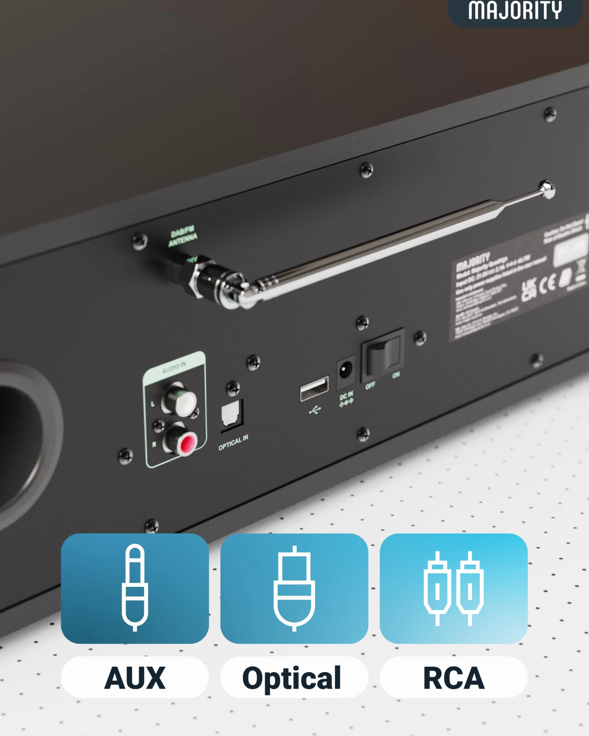 Radio Internet, Lecteur CD, Radio FM Dab+ et Caisson de Basses Puissant | Système Stéréo 2.1 120W | Bluetooth Activé | Spotify Connect et Podcasts | MAJORITY Quadriga
