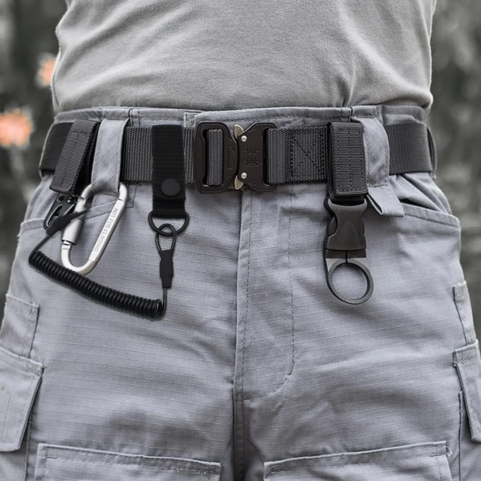 Longes Tactiques Noires 2 Pièces avec Cordon de Sécurité Elastique Mousqueton à Spirale pour Escalade Pêche Camping