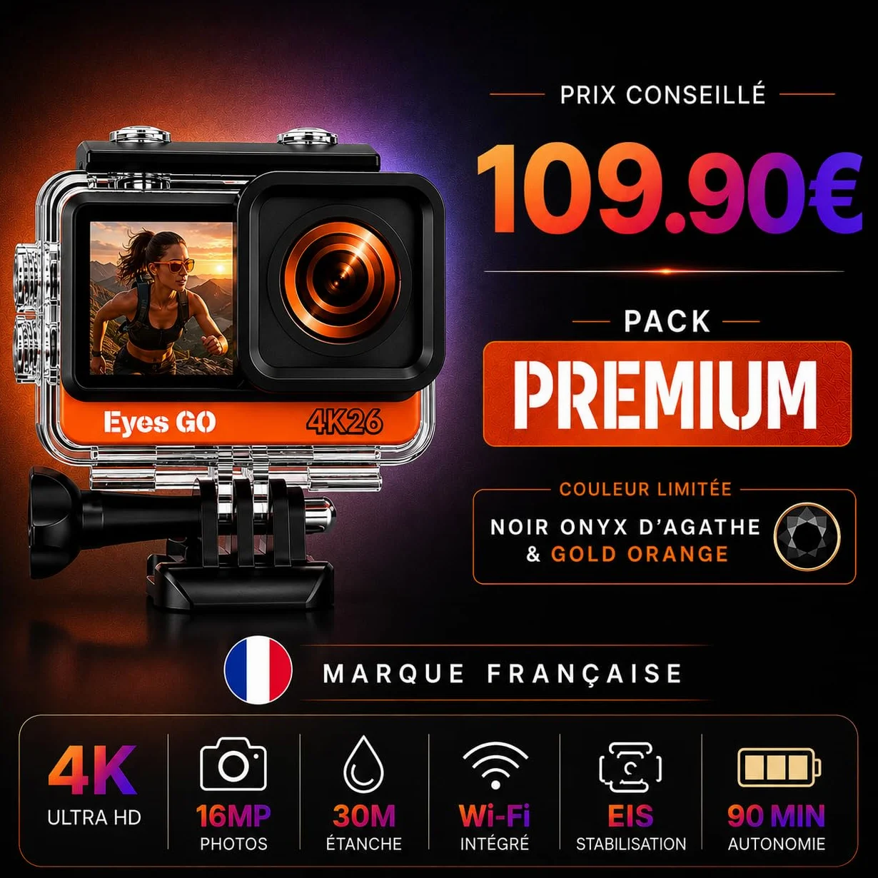 4K26 - Caméra Sport 4K30fps - 20 Accessoires - Photo 16MP - 2 Ecrans Tactile Vlog - Télécommande - Stabilisateur E.I.S 2.0 - Étanche 30M - 5 Heures d'autonomie