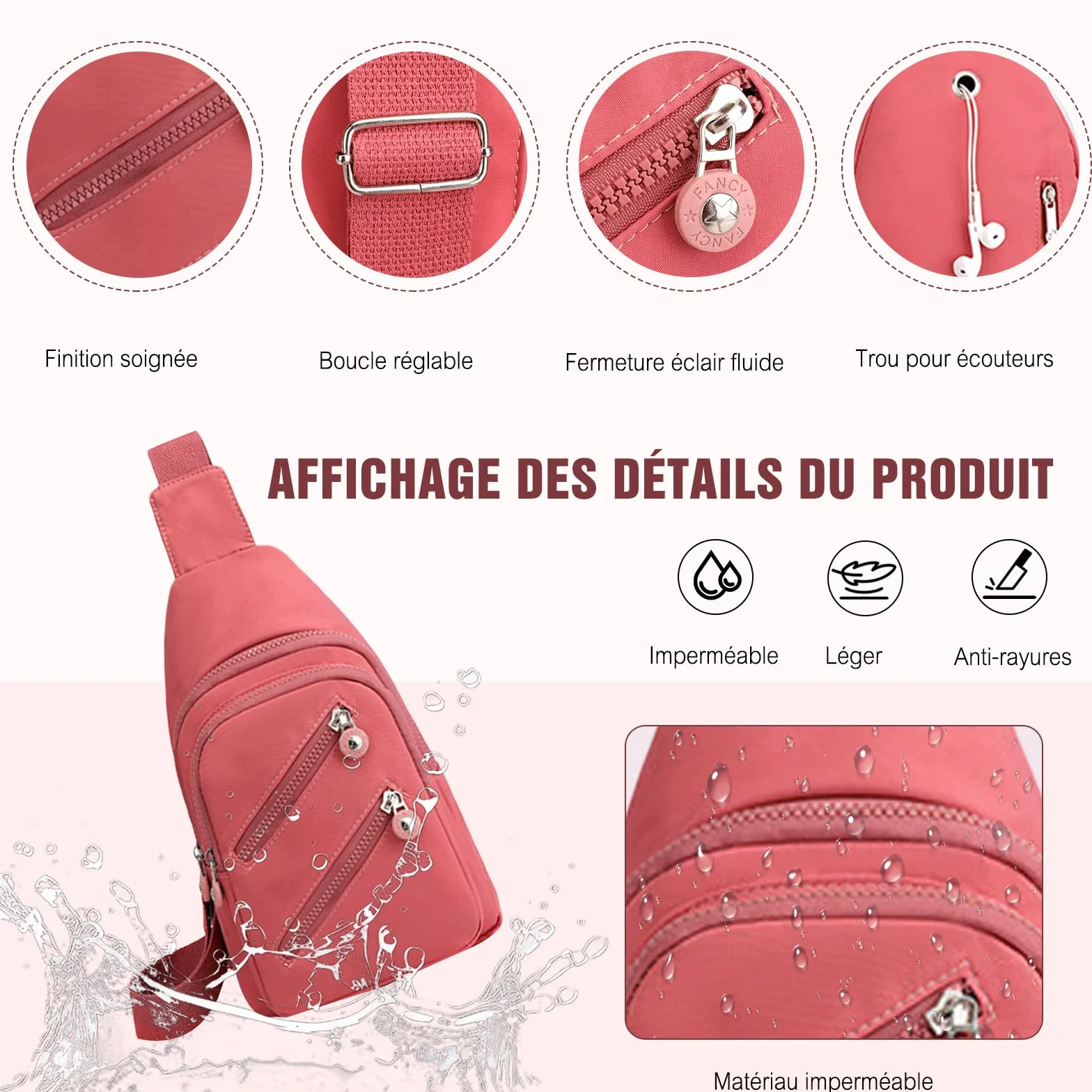 FANDARE Sac à poitrine Femme Bandoulière Sacoche traversante avec trou pour écouteurs Sac messager Outdoor