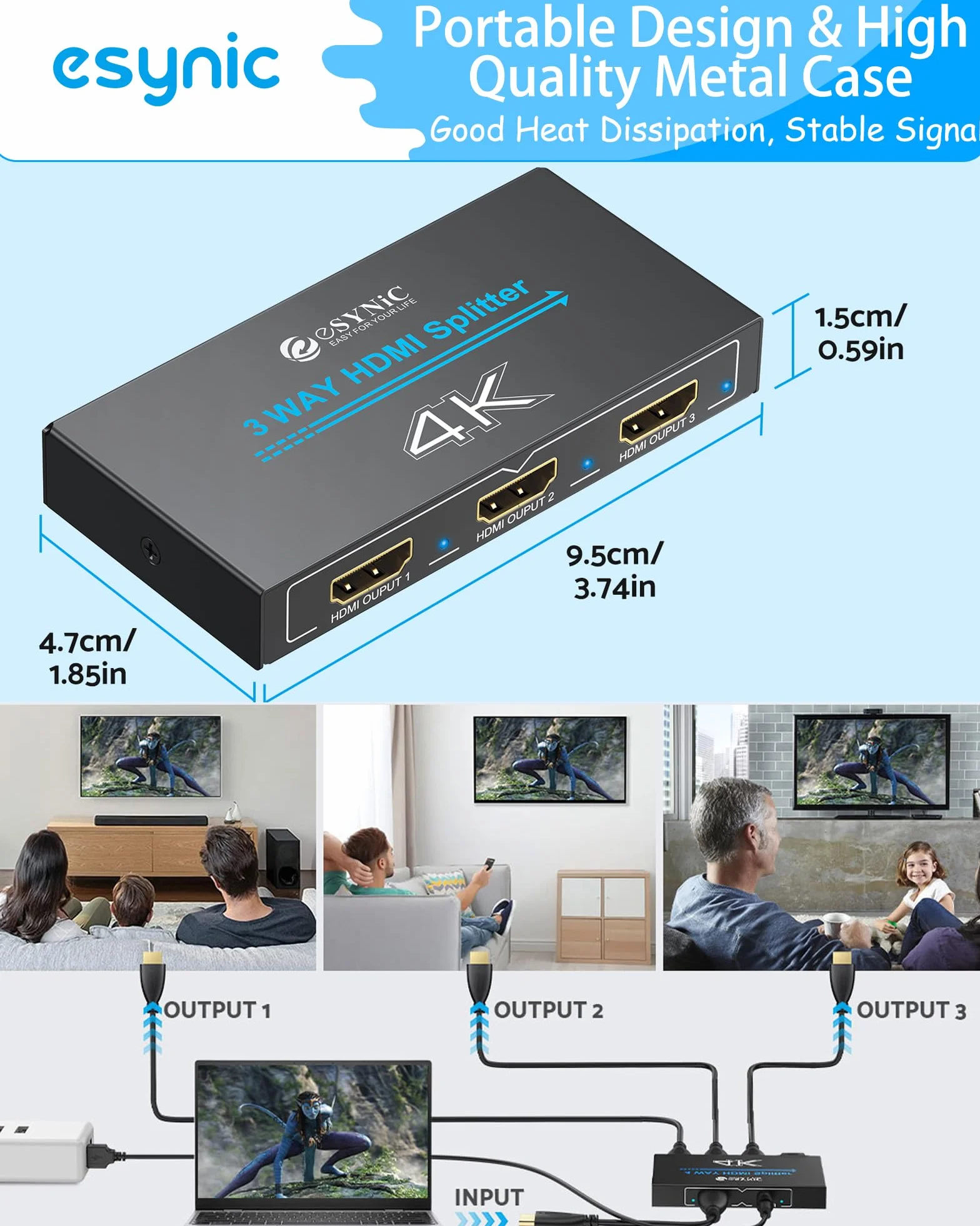 eSynic Répartiteur HDMI 1 Entrée 3 Sorties 4K@30HZ HDCP 1.4 Coque Métal