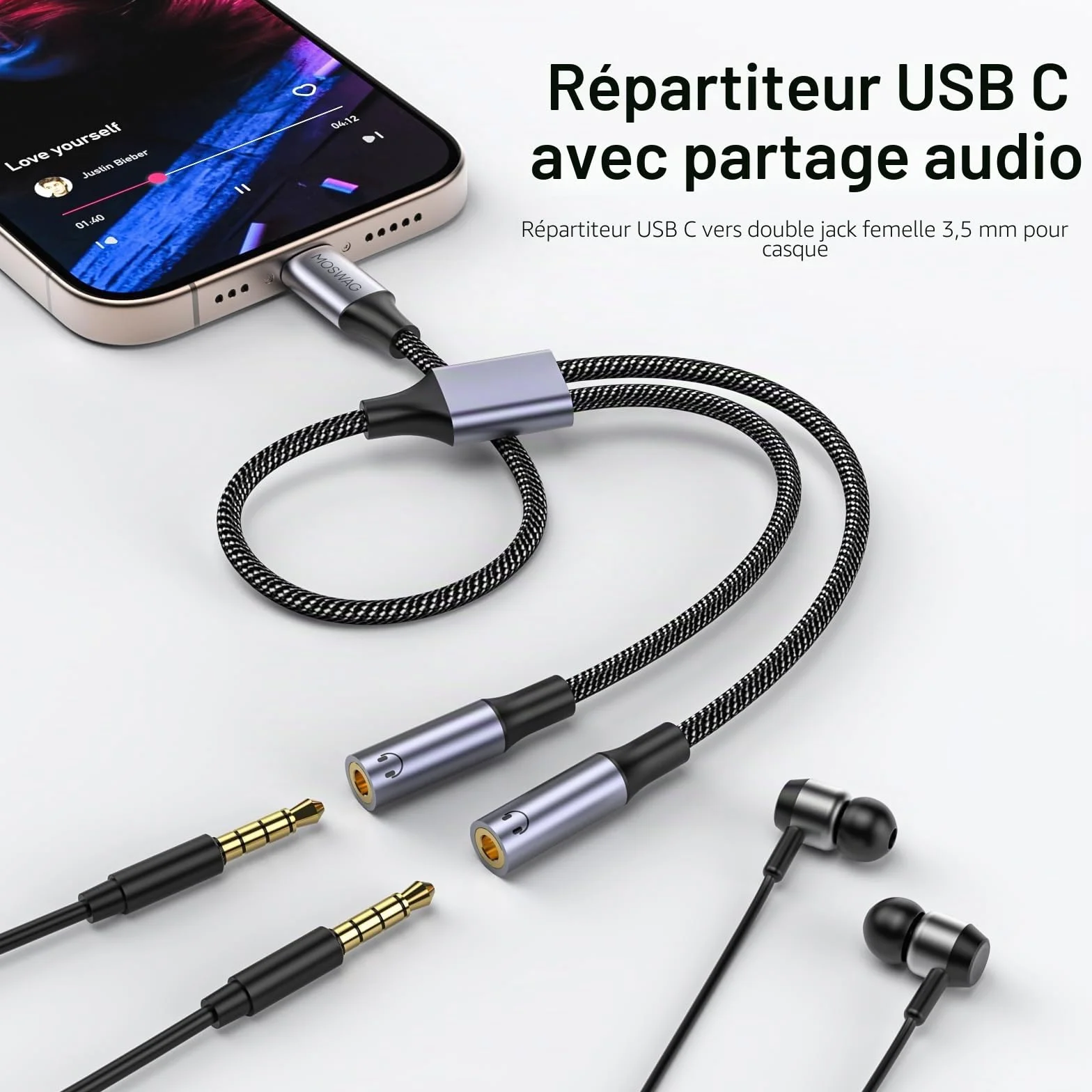 MOSWAG Adaptateur USB C vers Jack 3,5 mm, Adaptateur Double Jack USB C, Splitter Type C vers 3.5mm Écouteur Câble Compatible avec Pixel 7 6 Pro 5, Galaxy S23 S22 S21, 16 Pro Max/16 Pro