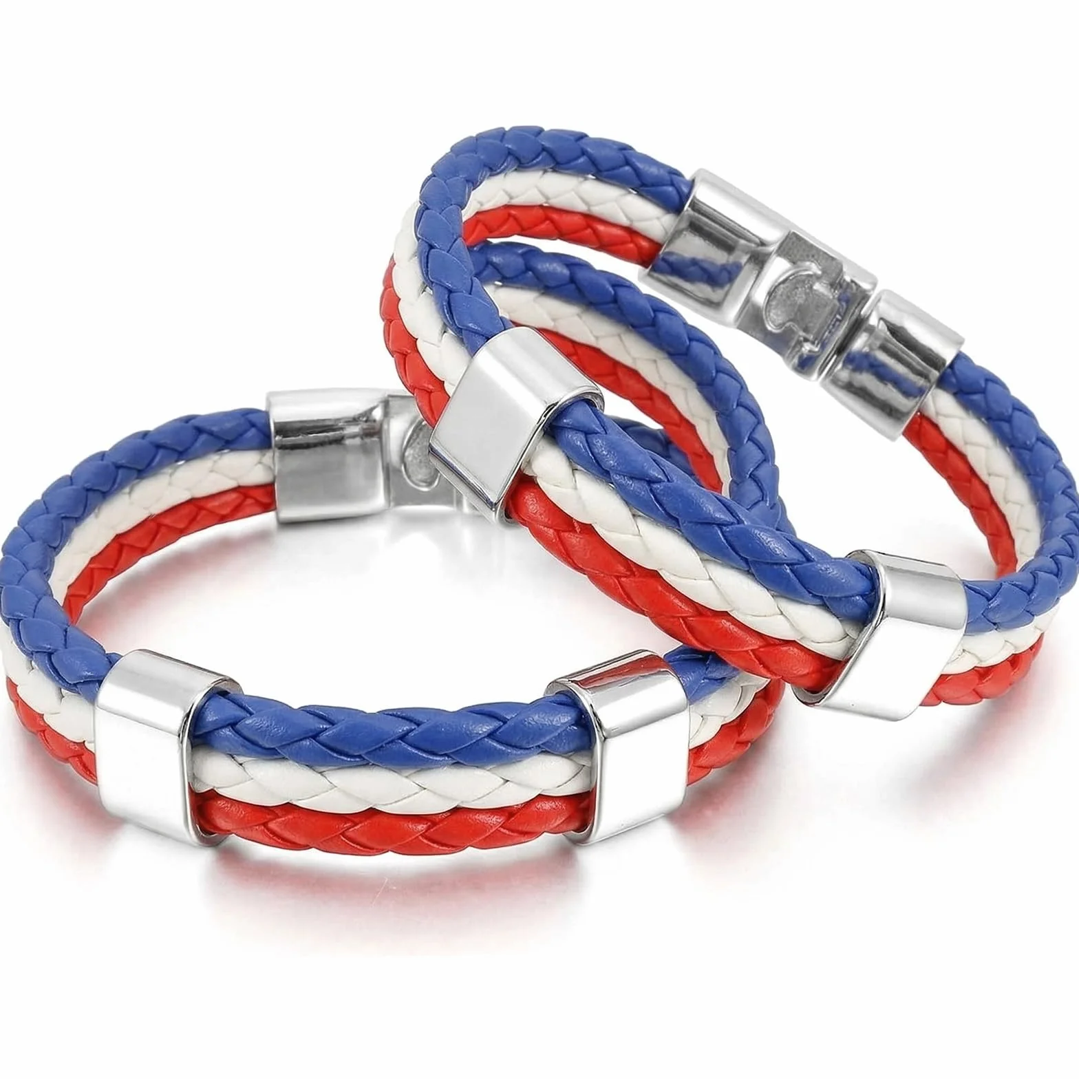 Lot de 2 Bracelet France Drapeau Français en Cuir Synthétique Bleu Blanc Rouge 22cm