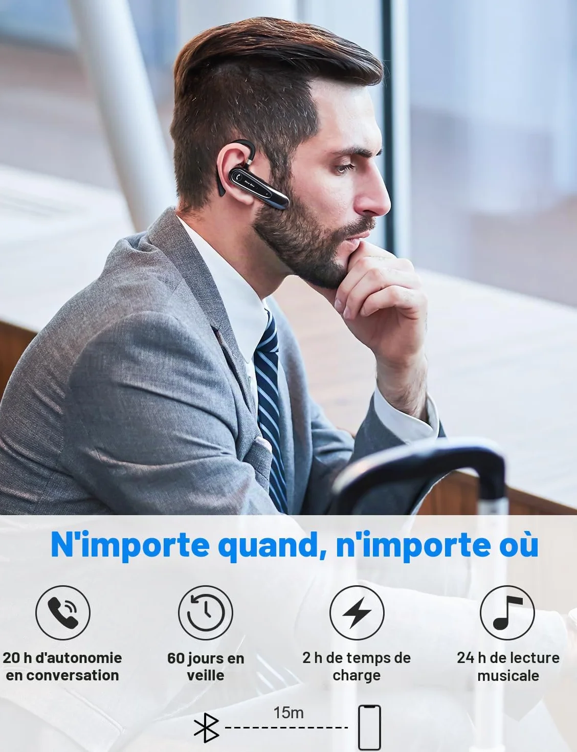 New Bee Oreillette Bluetooth sans Fil avec Dual Mic V5.0 Main Libre Bluetooth Oreillette avec 20H de Temps de Conversation Mic Mute Connexion de Deux Appareils pour iPhone, Android et PC