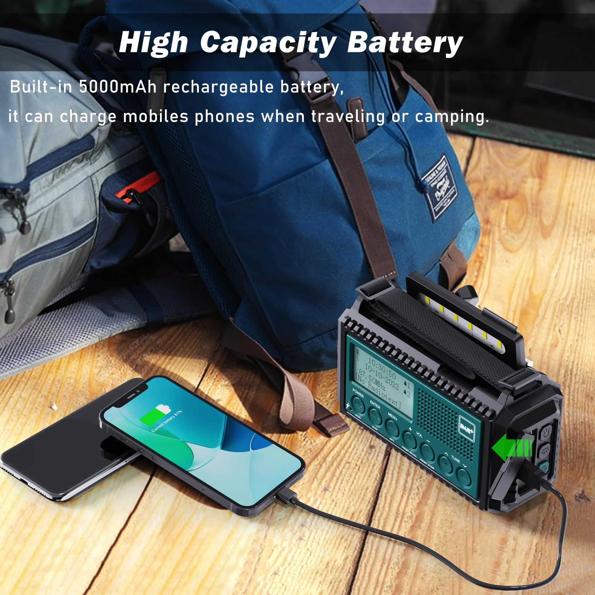 Radio à Manivelle Dab+/Dab/FM avec Batterie Rechargeable 5000mAh, Lampe de Poche, Camping Portable, Charge USB, Dynamo SOS