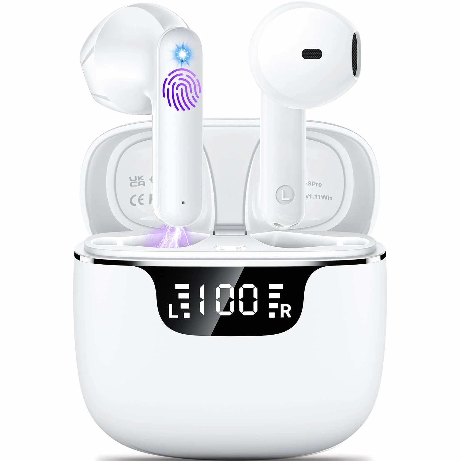Ecouteurs Bluetooth sans Fil, kauguo Ecouteurs sans Fil 5.3 Écran LED Hi-Fi Son Stéréo Réduction Bruit ENC 4 Mic 42H Durée Lecture Contrôle Tactile Casque Bluetooth IPX6 Étanche pour iOS Android blanc