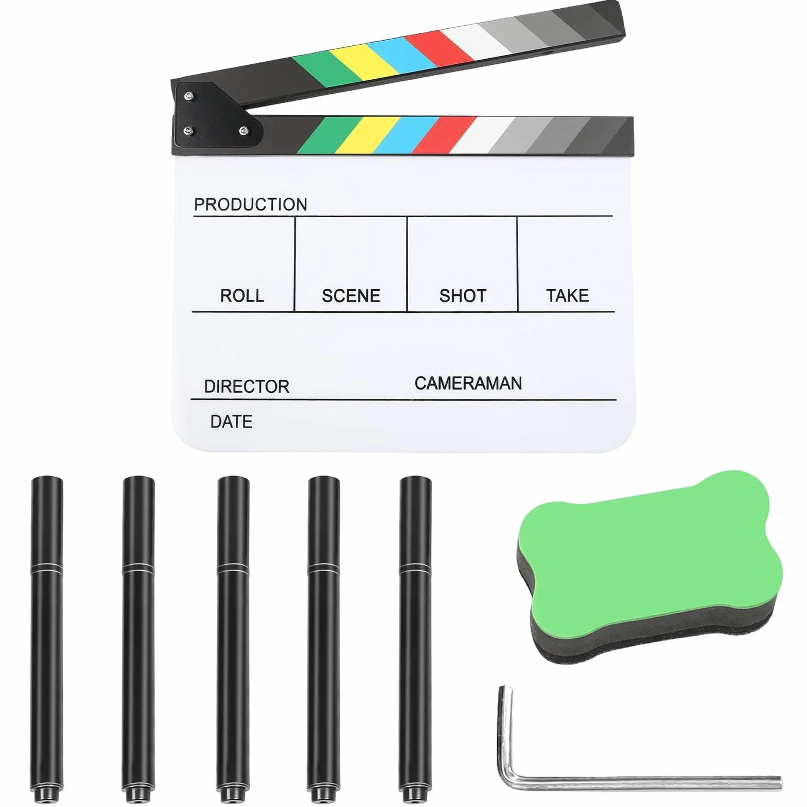 Clap de Cinéma 30 x 25cm,Acrylique Film Clapper,avec effaceur magnétique,2 stylos,Clap Cinéma pour Tournage Film,Tournage Vidéo,Blanc