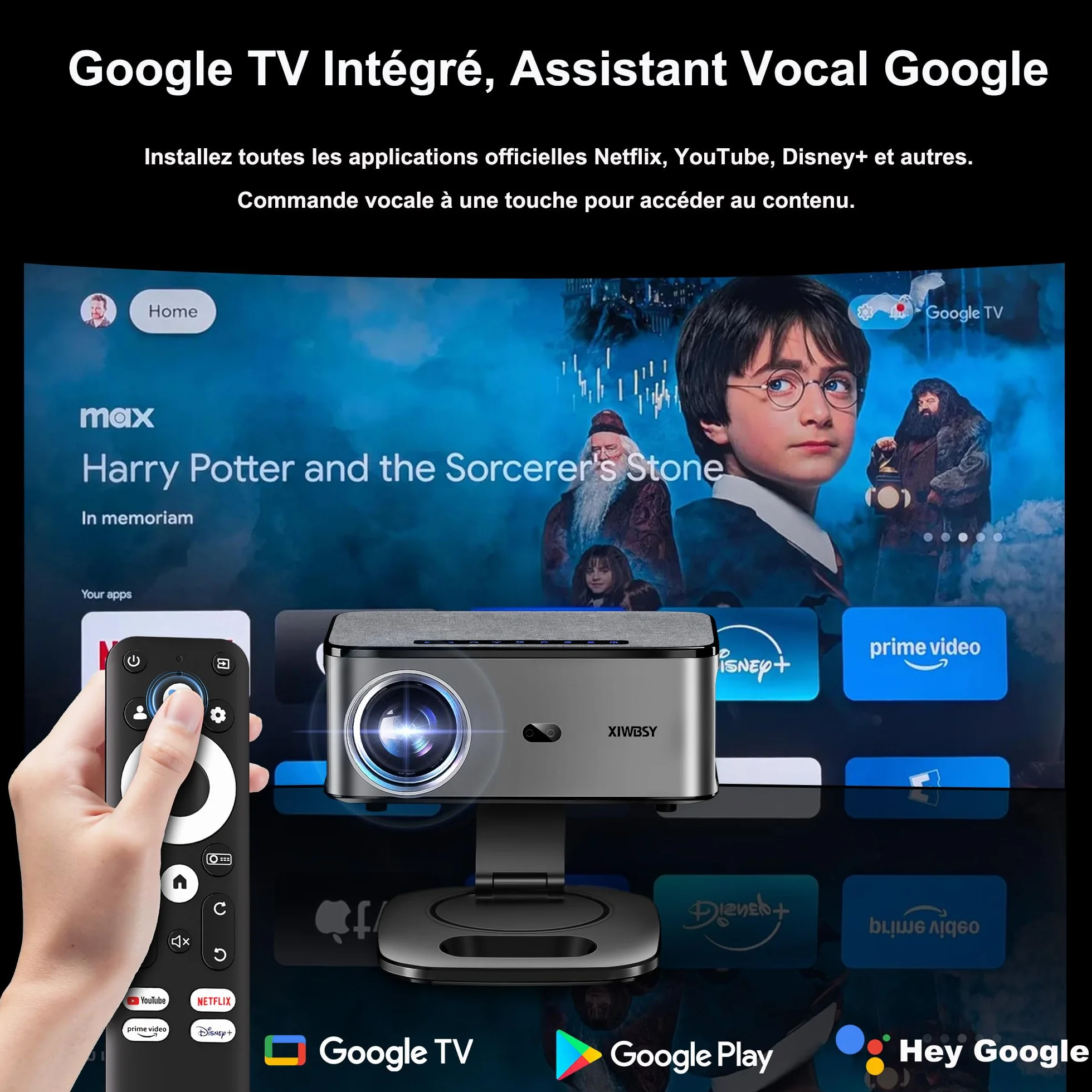 【1500 ANSI/Google TV/Autofokus】 XIWBSY Videoprojecteur 4K Supporté, 38000 Lumen FHD, 360° Rotation, Projecteur Video 4K Contrôle Vocal, Retroprojecteur WiFi6 Bluetooth