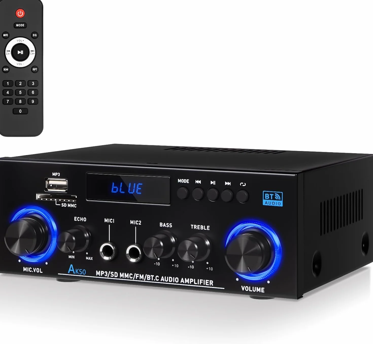 Amplis Amplificateur Stéréo Bluetooth 5.3 1000W Puissance Maximale avec Radio FM et Micro, Système Audio Hi-Fi 2.0 Canaux 50W+50W RMS, Contrôle Basse/Aigus pour Maison, Voiture, Karaoké, TV