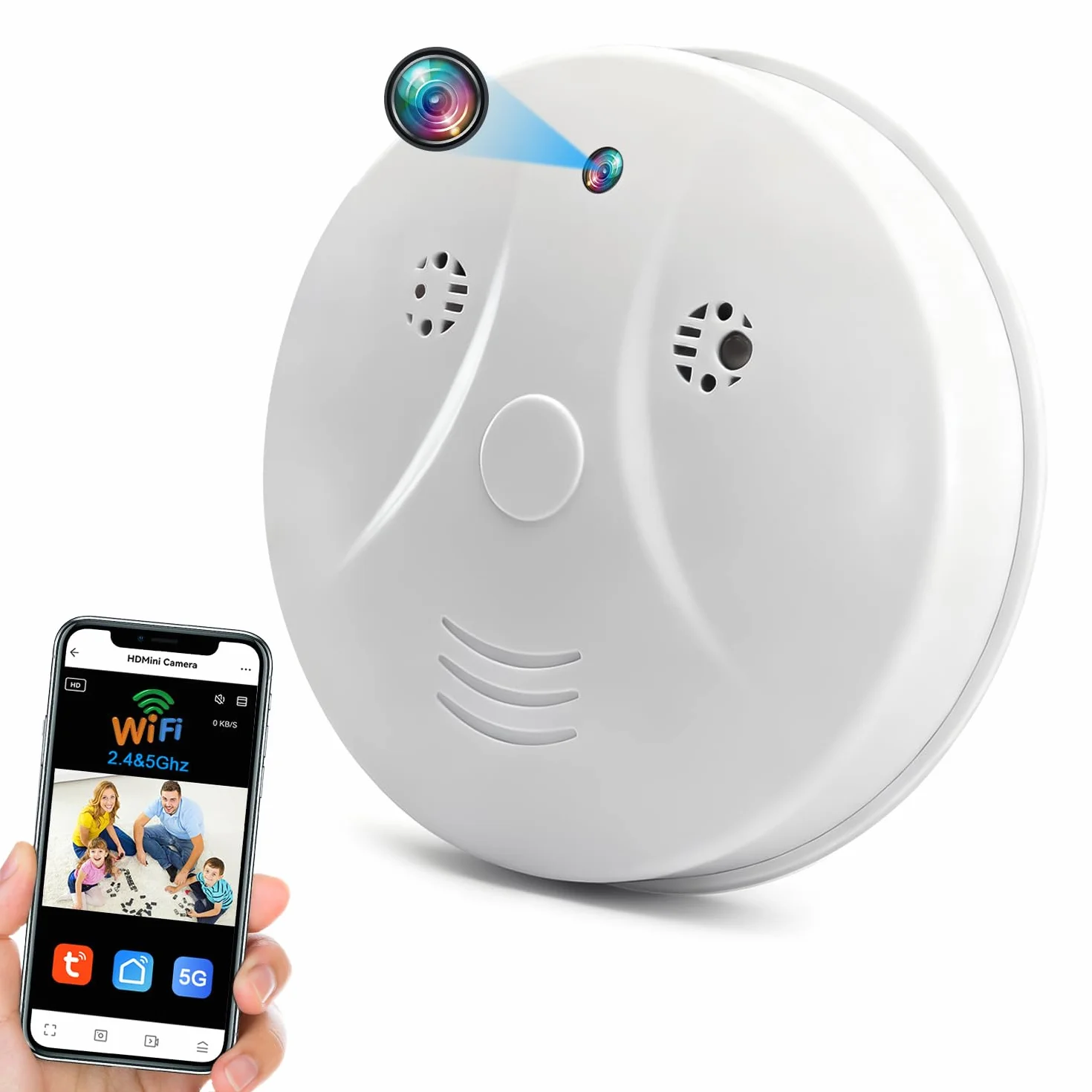 Caméra Espion WiFi 5G, Mini Camera Cachée Espion Discrete sans Fil HD 1080P, Micro Espion Détecteur de Fumée avec Vision Nocturne et Détection de Mouvement Tuya APP Enregistrement en Boucle