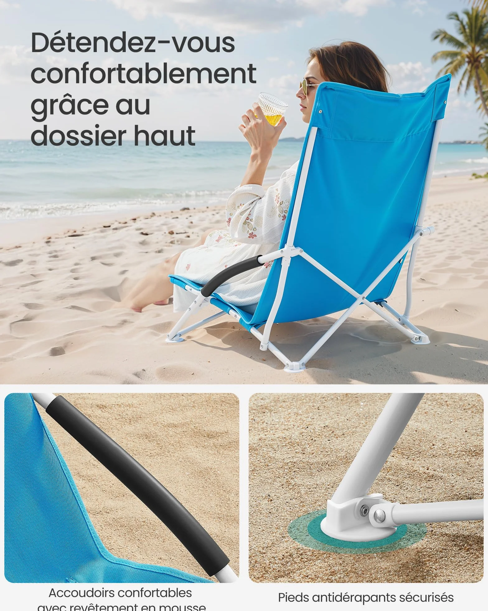 SONGMICS Chaise de Plage Pliante Portable Dossier Haut Grande Capacité de Charge Bleu Clair GCB61BU