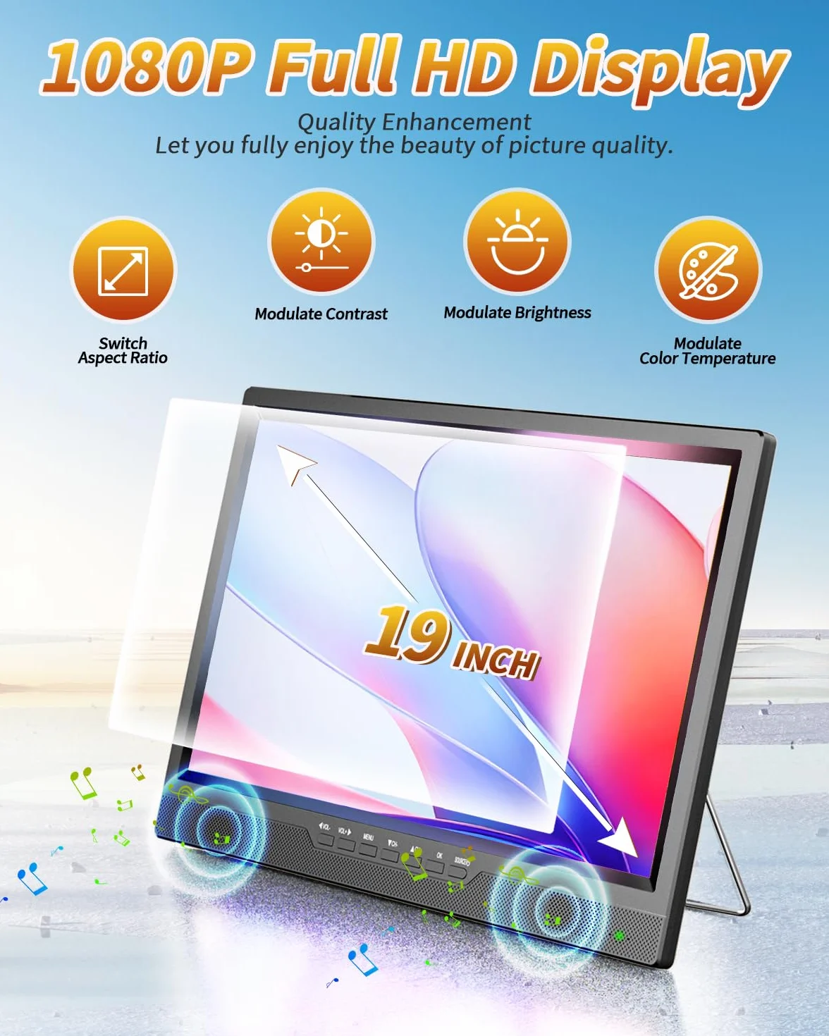 Desobry Téléviseur portable 19 pouces, petite tv 1080P avec batterie et support intégrée, Tuner numérique DVB-T2, HDMI AV USB, tv 12v pour camping car, VR, cuisine, chambre