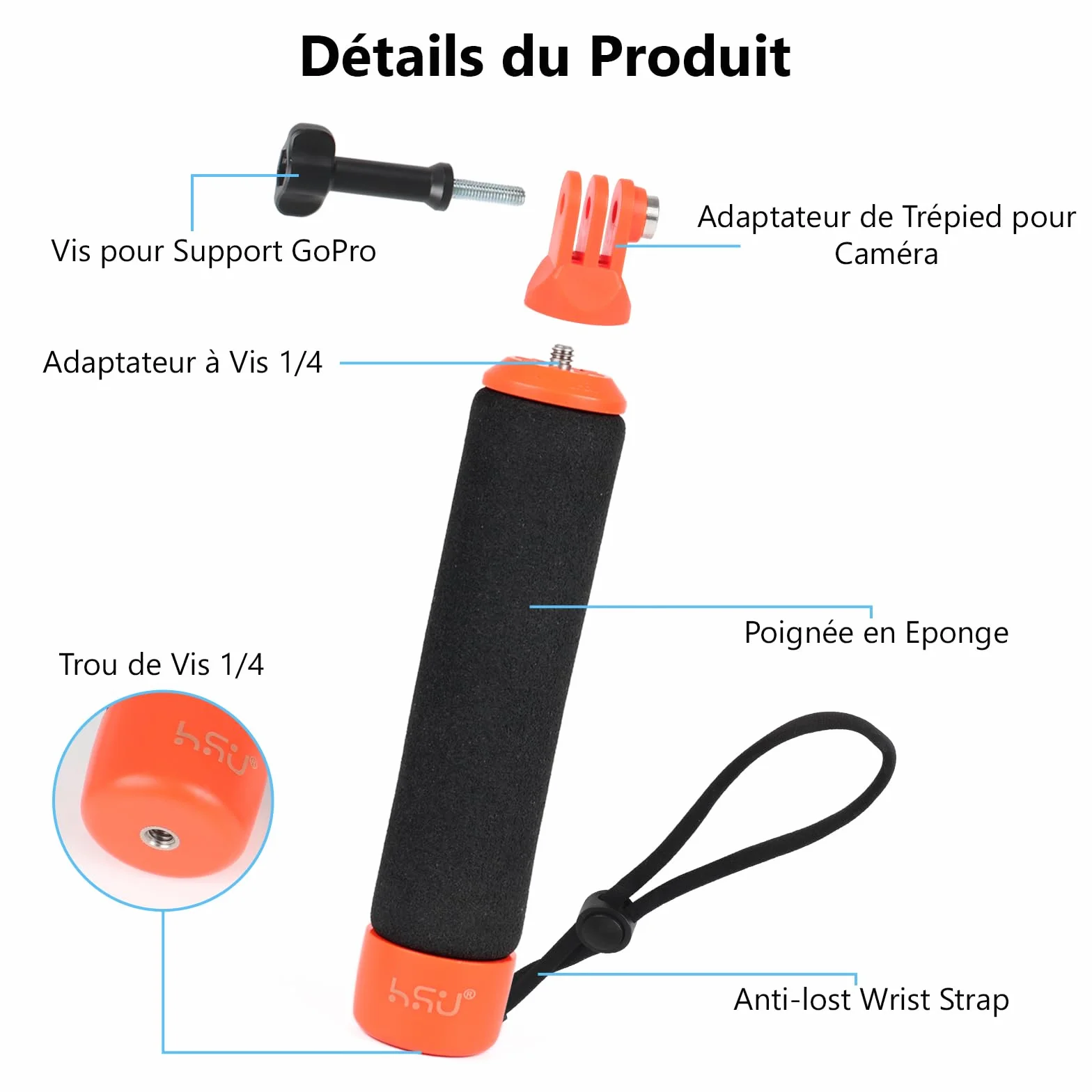 HSU Poignée flottante pour caméra d'action, monopode étanche, accessoire pour Hero 13/12/11/10/9/8/7/6/5/4/3, Insta360 X4/X3/X2