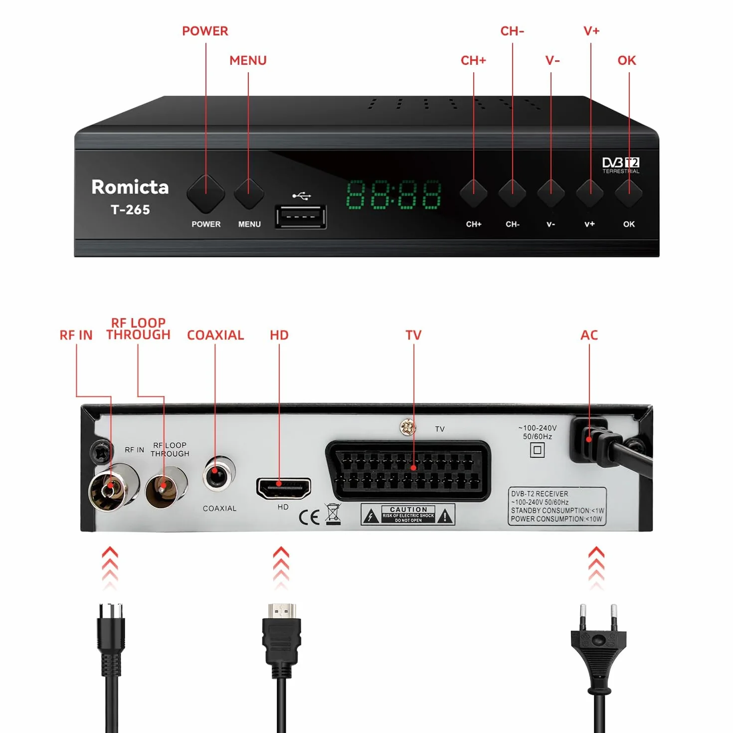 Décodeur TNT HD DVB-T2/C H.265 HEVC FTA Full HD 1080p PVR USB HDMI SCART Tuner TV numérique