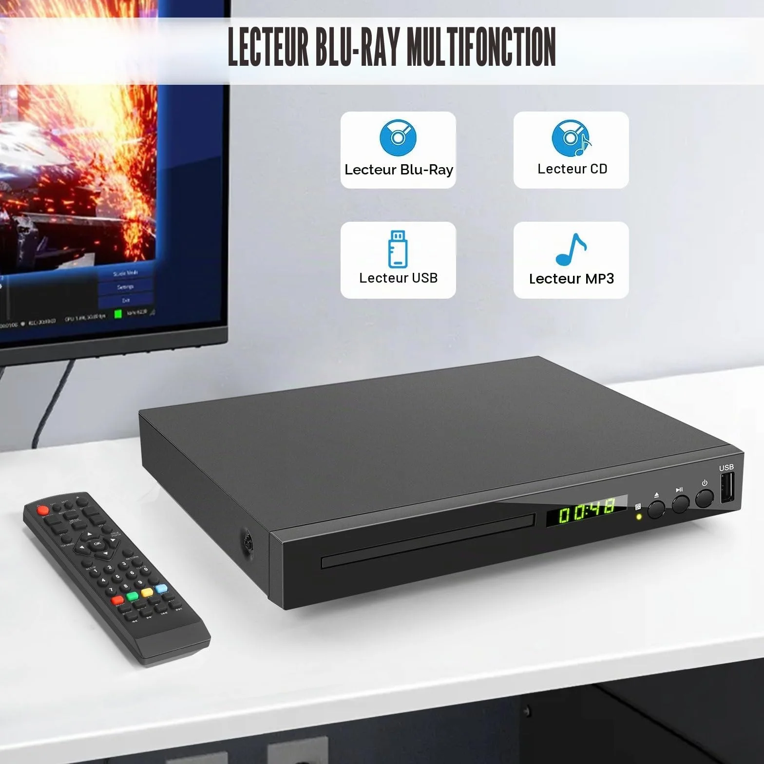 Lecteur Blu-Ray pour Téléviseur (Région 2), Compact Lecteur CD DVD Multizone avec Sortie Coaxiale AV HDMI Entrée USB, Prise en Charge clé USB, Lecture des Disques Blu-Ray de la Région 2