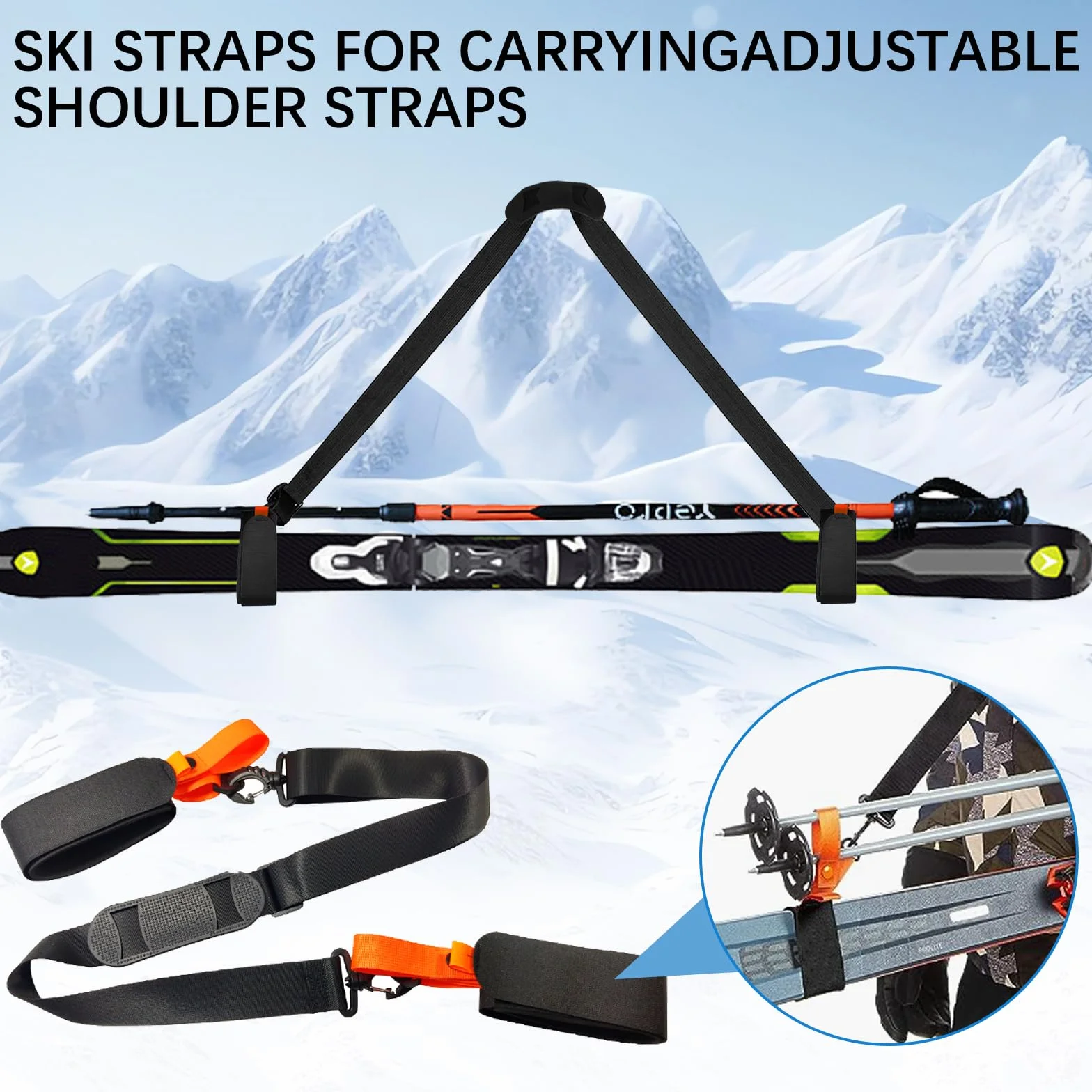 Sangle de Ski Réglable avec Bandoulière Rembourrée pour Transport de Skis et Bâtons