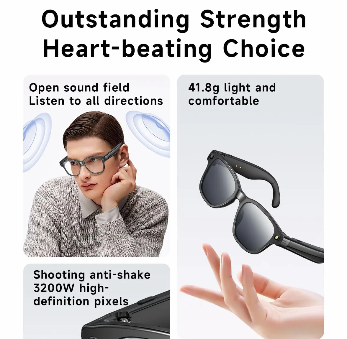 Lunettes Intelligentes AI avec Caméra 8MP, Lunette Camera Bluetooth Homme, Traduction IA Temps Réel, Audio Open-Ear, Lentilles Automatiques, Protection UV, Vidéo HD 1200P