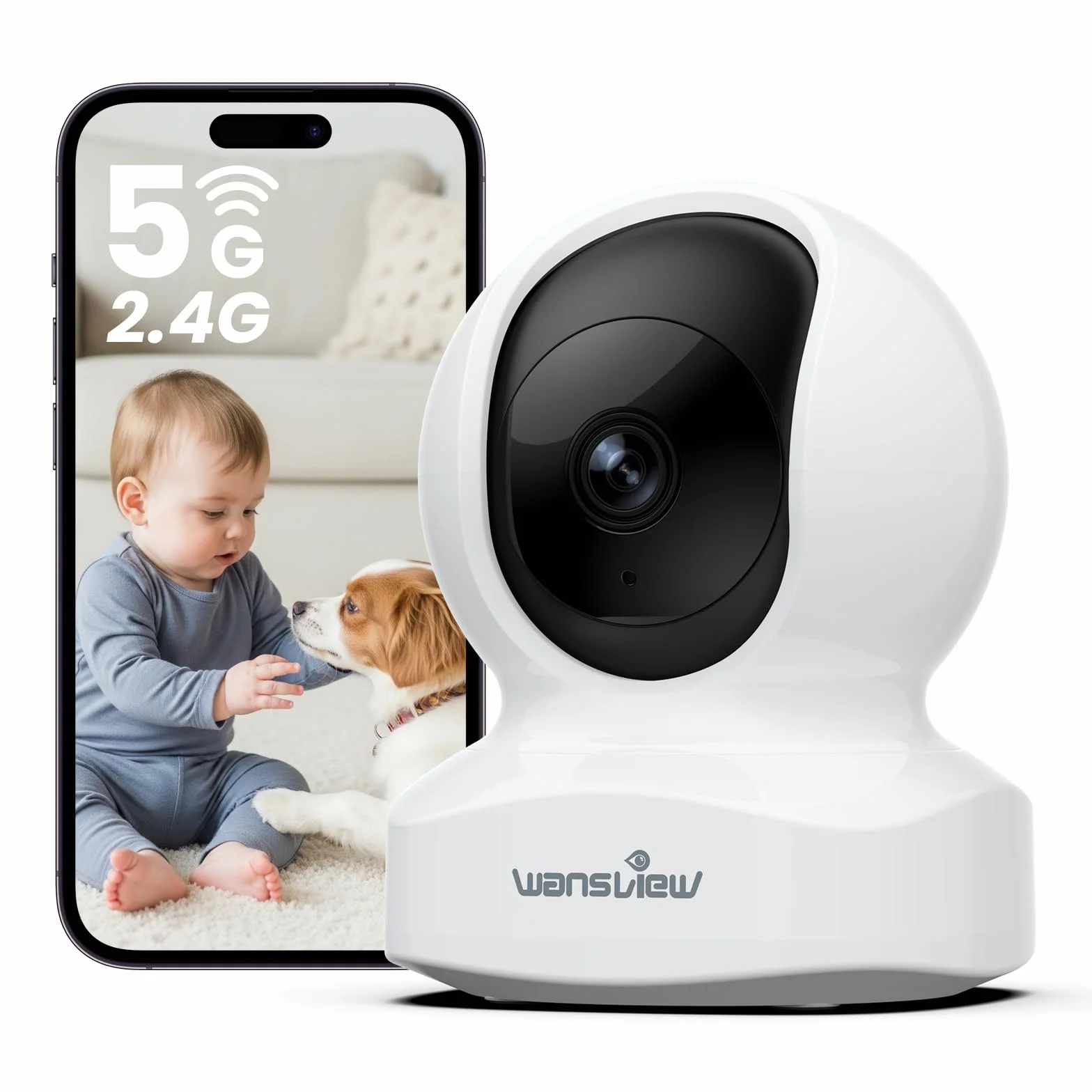 wansview 3K 5MP Camera Interieur - 2.4G/5G Double Bande WiFi Camera Surveillance, Suivi Intelligent 360 degrés, Détection Humaine IA pour Bebe/Chat/Chien connectée Smartphone, Audio Bidirectionnel
