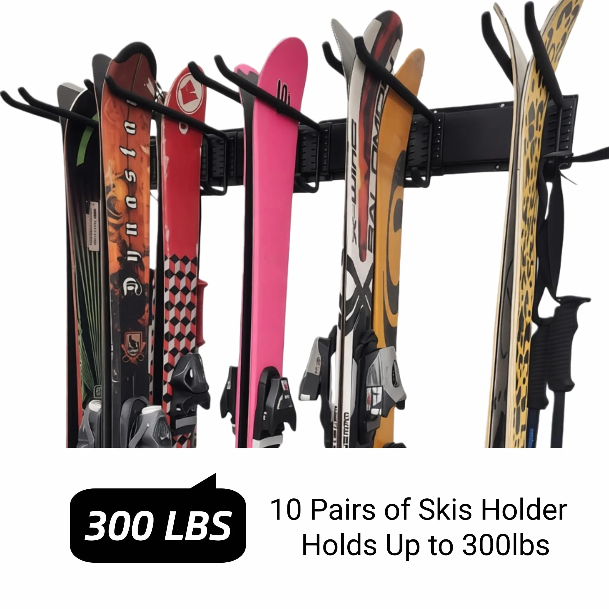 Kit de Support de Rangement à Skis pour 10 Paires Snowboards, 5 Crochets, Support Mural, Jusqu'à 300 LBS
