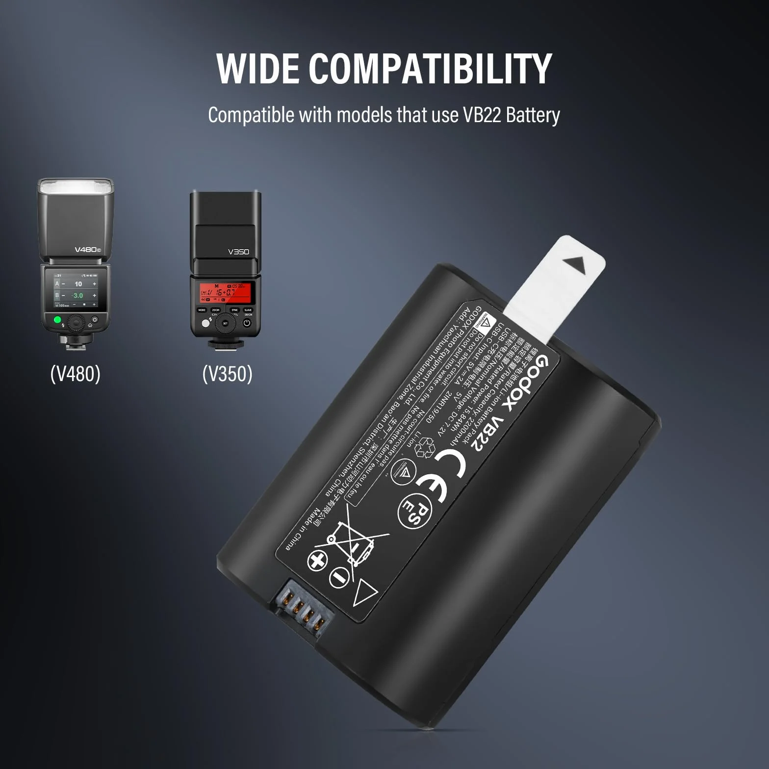Godox VB22 Batterie Lithium Battery 7,2 V 2200 mAh Compatible avec Les Flashs D'appareil Photo V480 et V350