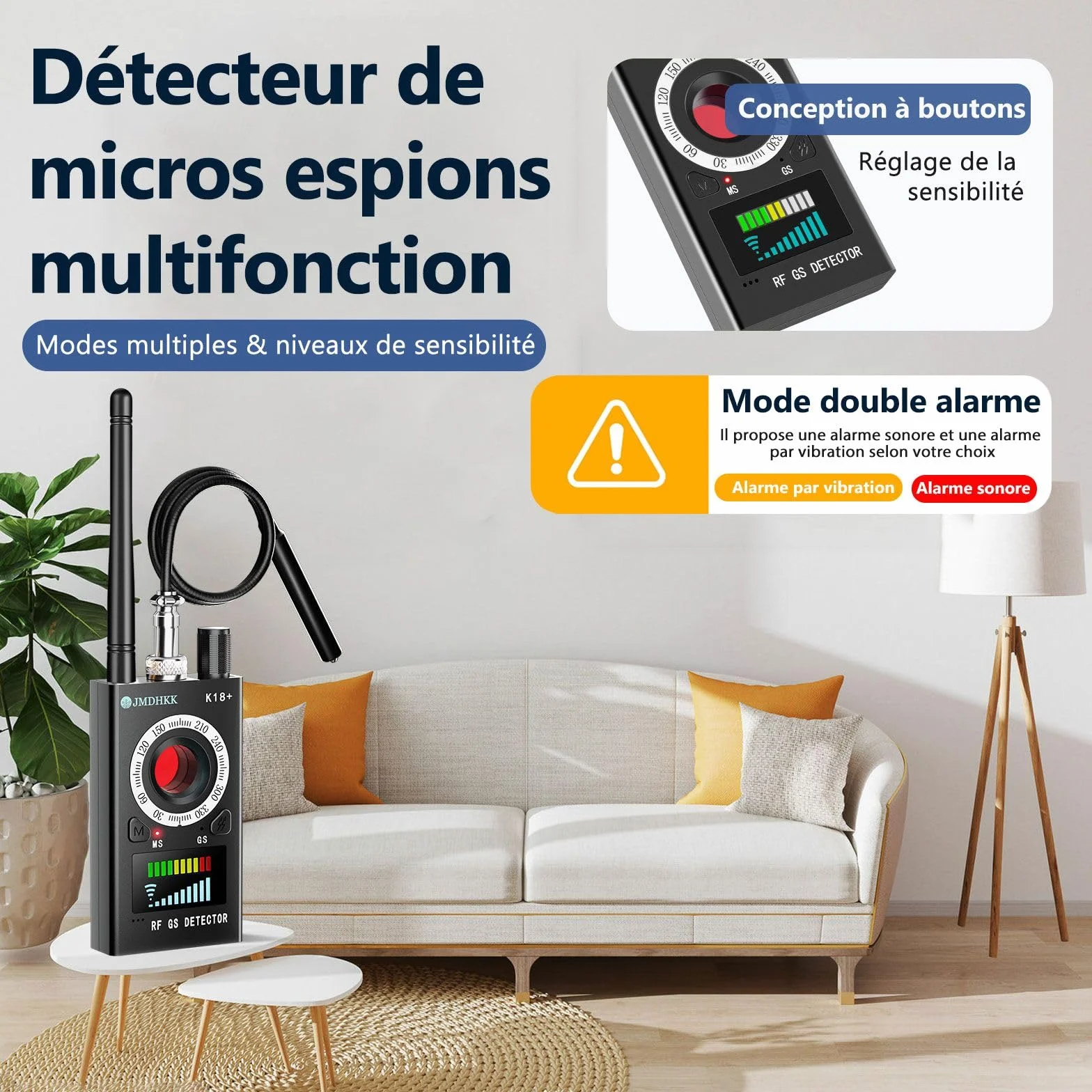 JMDHKK K18+ Détecteur de Signaux RF avec Détection Magnétique et Optique des Lentilles – Appareil de Protection de la Vie Privée pour Maison, Bureau, Hôtel et Voyage (Noir)