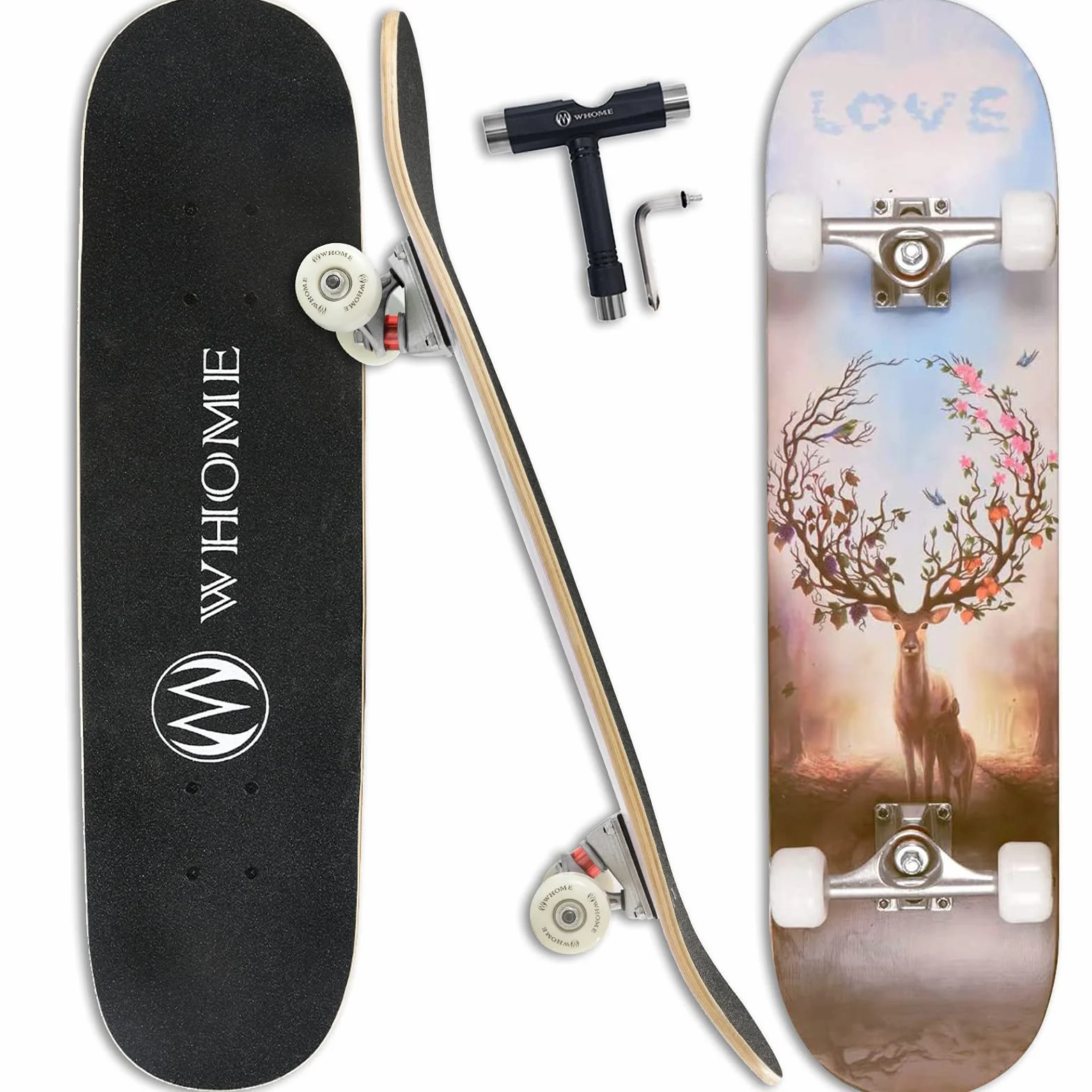 WHOME Pro Skateboard Complet 31x8 inch Plateau 8 Plis érable Alpin Roulement ABEC-9