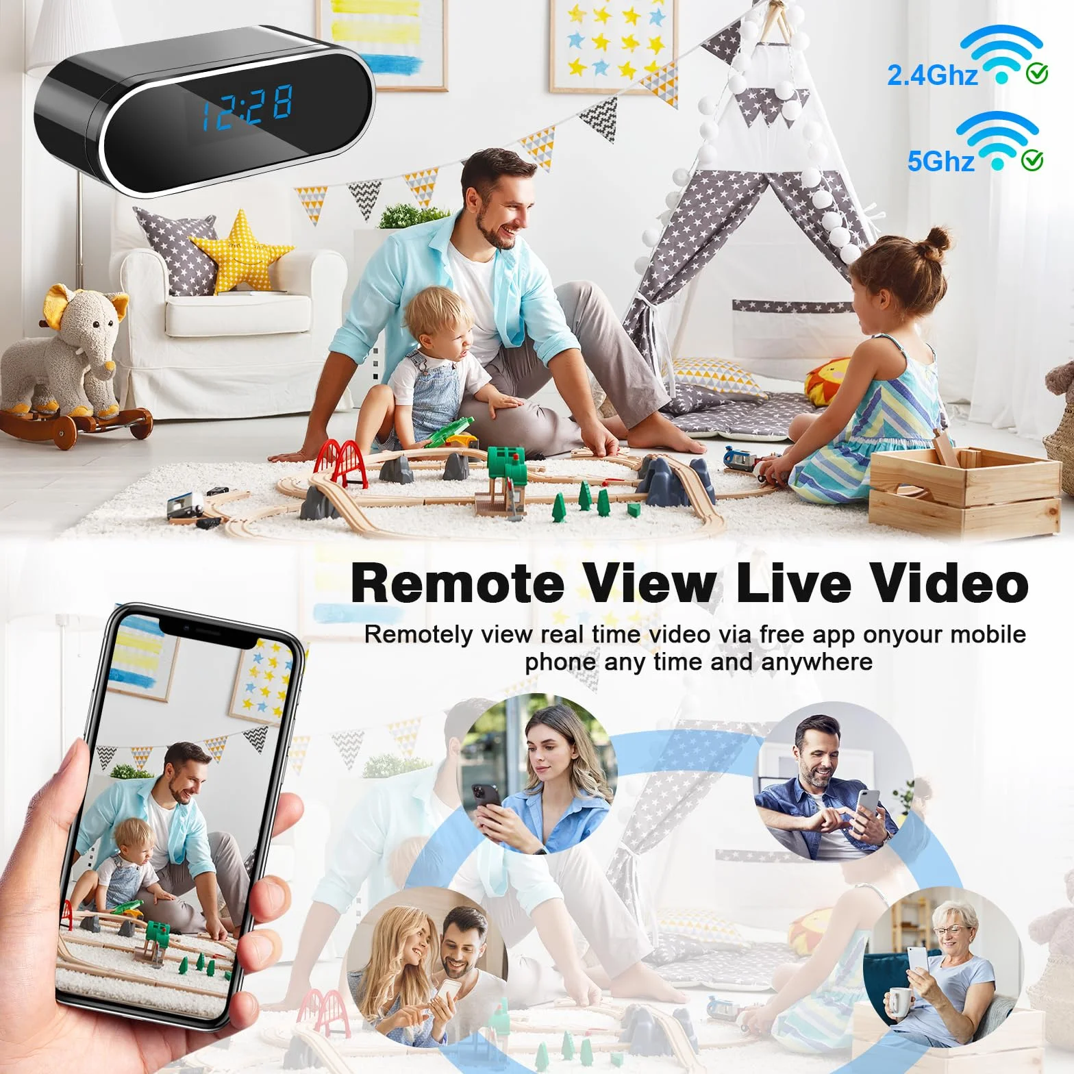 Caméra Espion WiFi, 5G Mini Camera Cachée sans Fil, Micro Camera Espion 150° Réveil,1080P HD Distance a Discrete Détection de Mouvement/Vision Nocturne Caméra de Surveillance