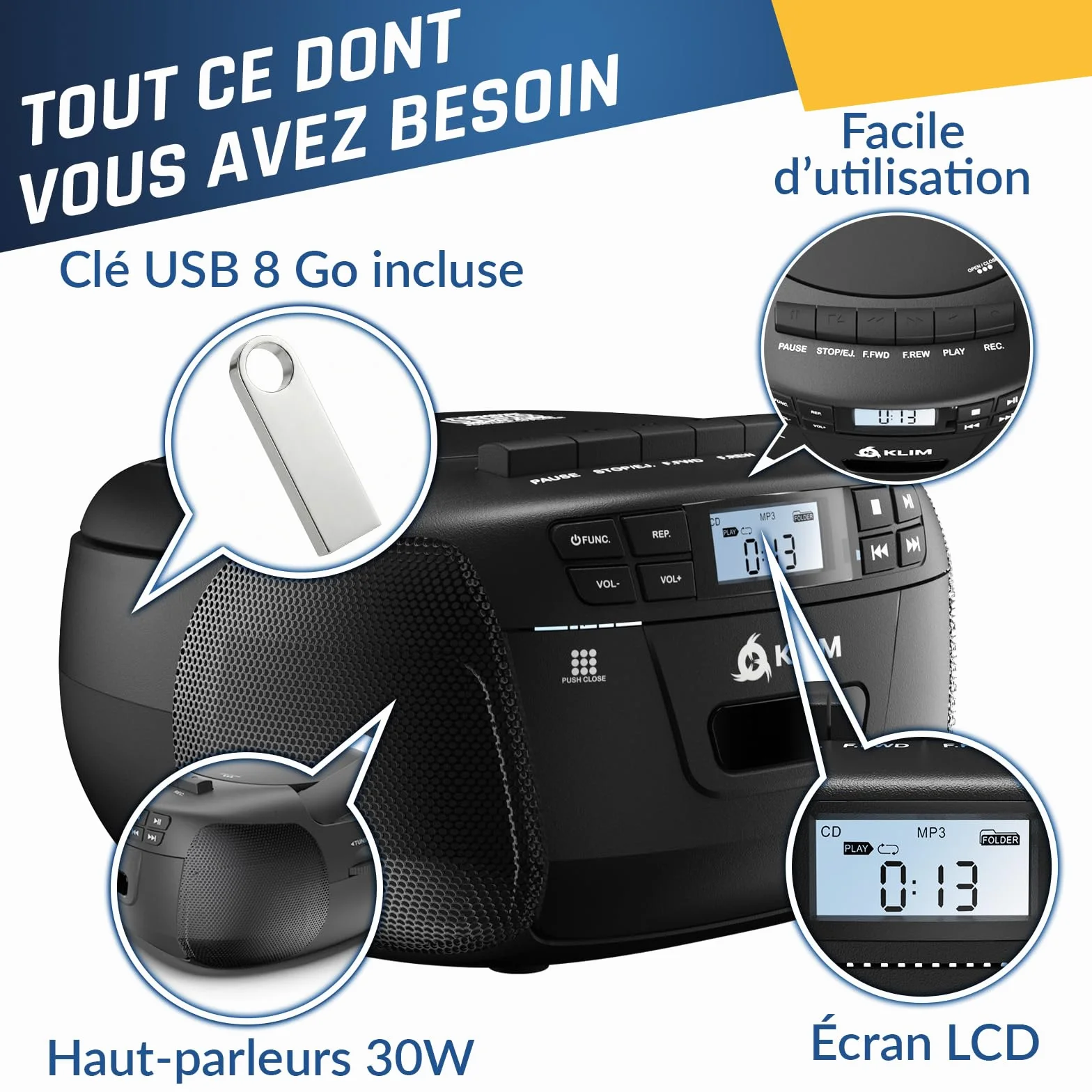KLIM Lecteur CD & Lecteur Cassette Audio avec USB, AM/FM Poste Radio CD, Lecteur CD Bluetooth, Son Stéréo, Télécommande, Enregistrement de Cassettes, AUX, Radio Cassette CD