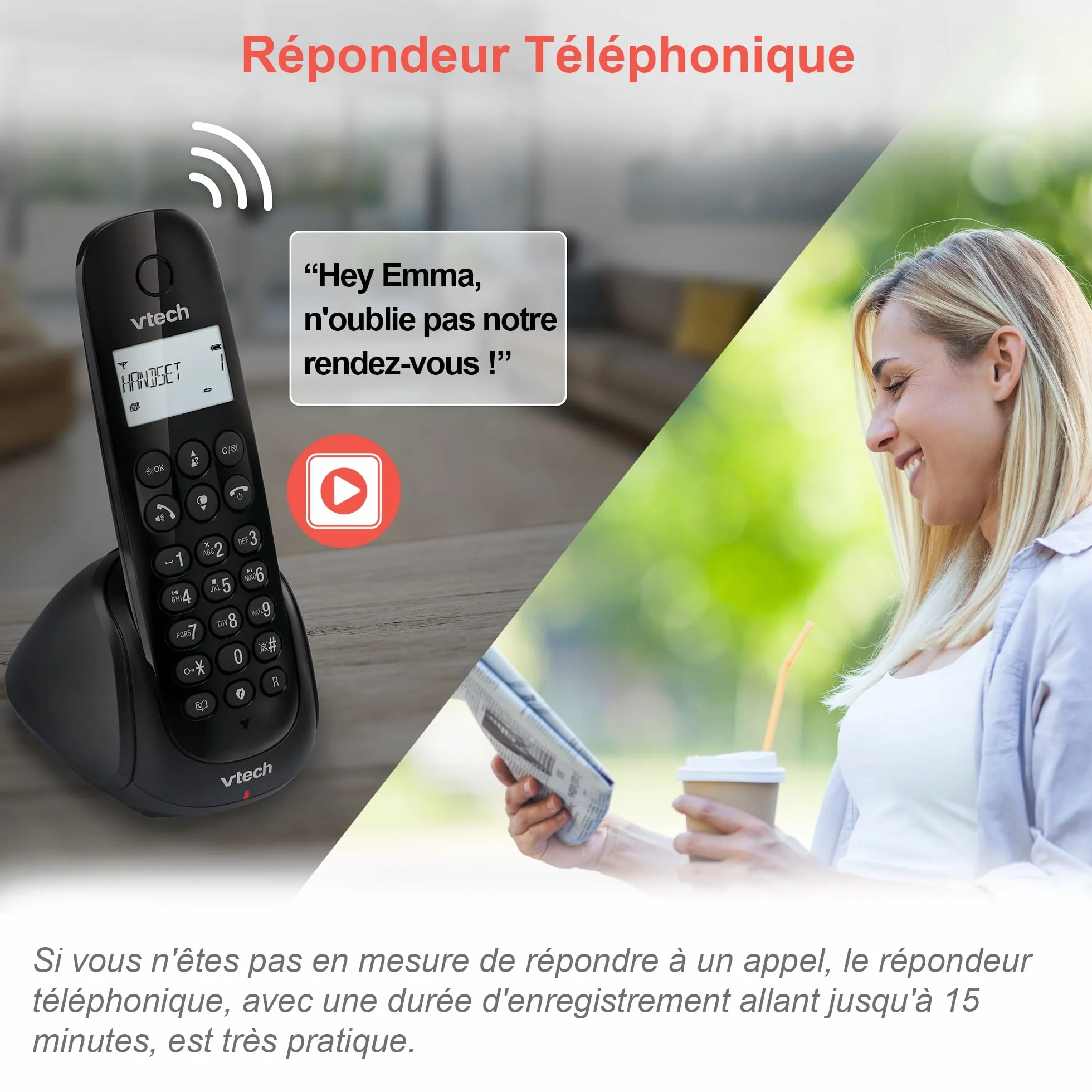 VTech CS1450 Téléphone sans Fil DECT avec Répondeur, Mains Libres, Blocage d'Appels, Identification de l'Appelant, Écran Rétroéclairé