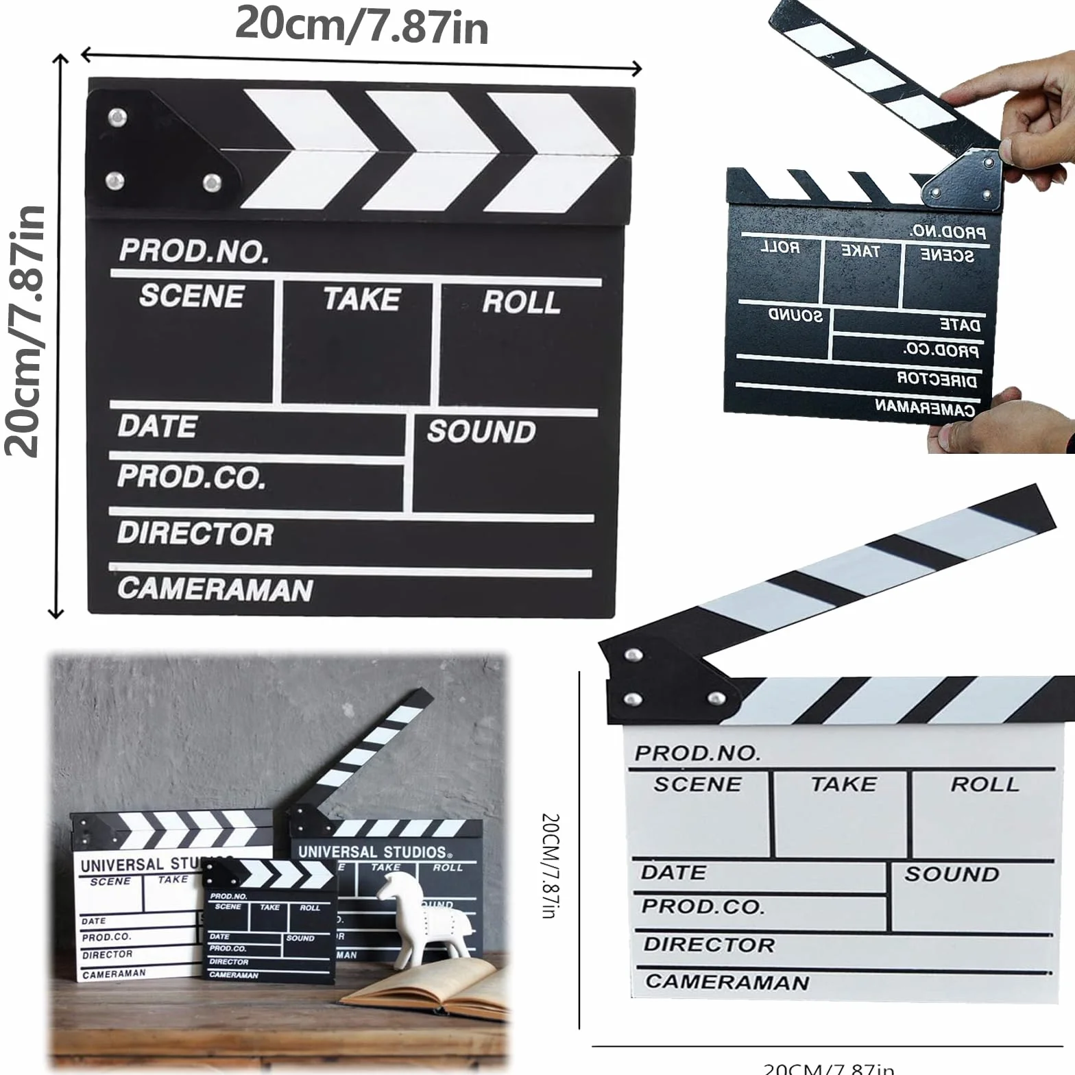 Lot de 2 trappes de Film de scène 7,8" x 7,8" - Clapet de réalisateur en Bois - Accessoires de cinéma - pour Accessoires de Photographie, séries télévisées, Spots publicitaires, décoration