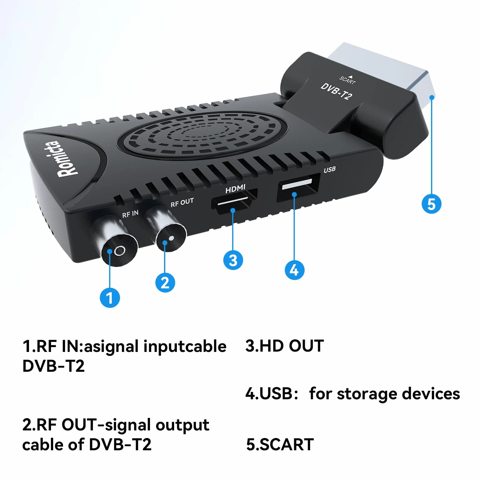 Romicta Décodeur TNT HD 2025 - DVB-T2 H.265 HEVC FTA Full HD PVR, USB, HDMI, SCART, Tuner TV numérique terrestre, récepteur numérique Haute définition Full HD 1080p, télécommande Universelle 2 en 1