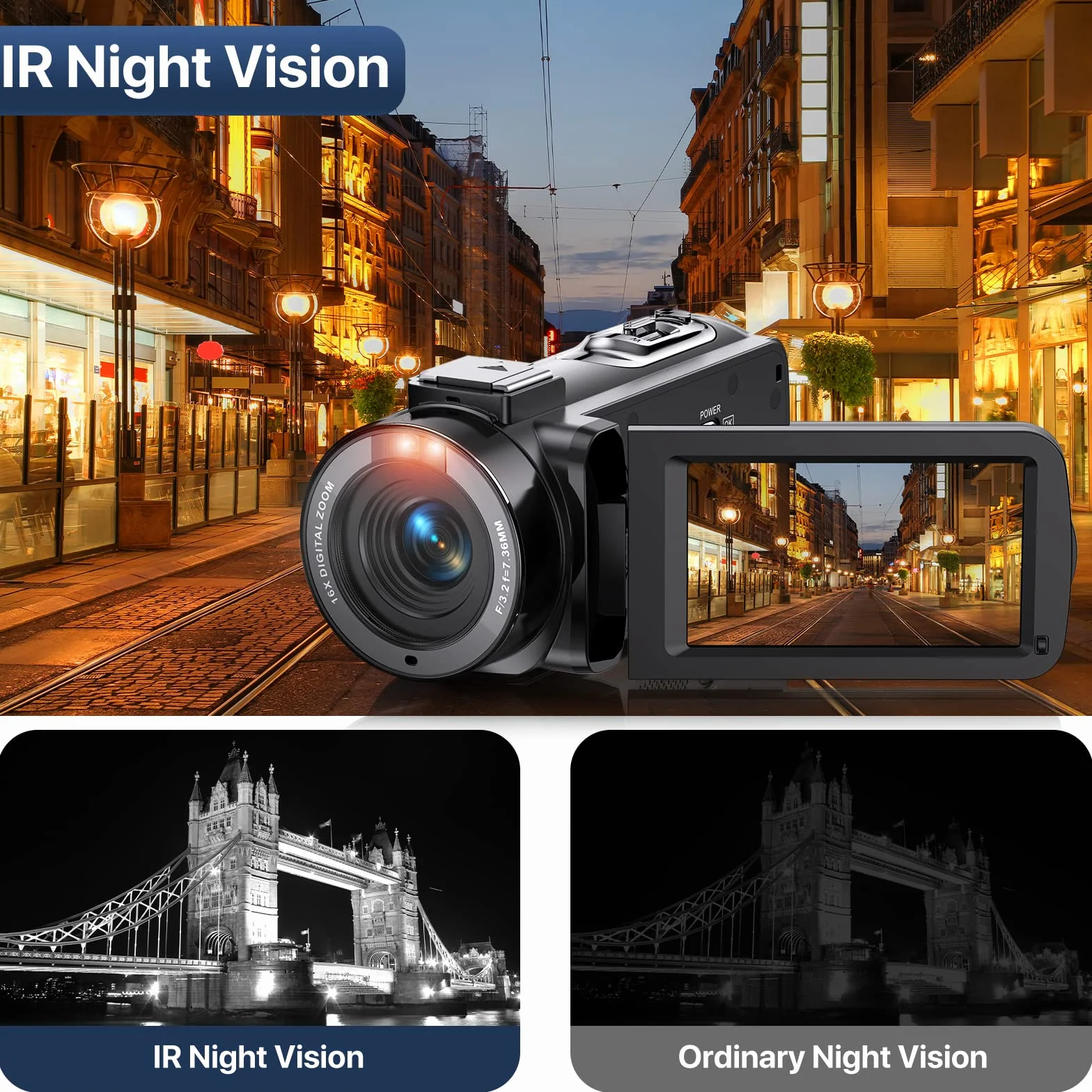 VAHOIALD Caméscope 3.0'' Vidéo FHD 1080P 36MP 30FPS Youtube Vlogging Caméra pour Nuit IR Zoom Numérique 16X 270° IPS écran Rotatif Enregistreur Numérique avec Télécommande et 2 Piles
