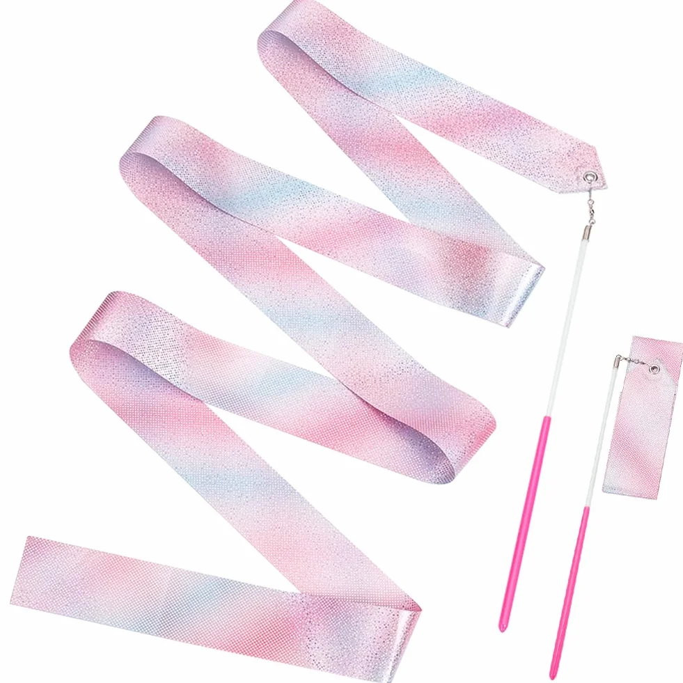 CREATCABIN Rubans Danse Polycoton Gymnastique Étincelants Banderoles Gymnastique Rythmique Roses avec Baguette 1.95m