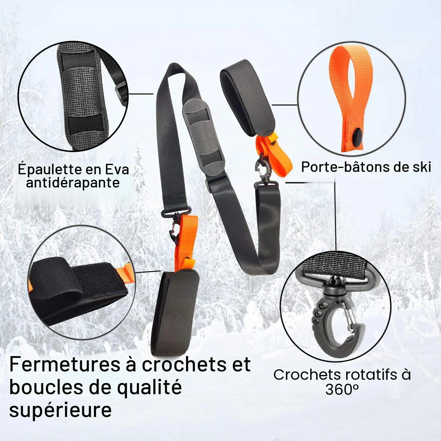 Sangles de Ski pour Transport de Skis, Bandoulière Réglable avec Support Rembourré