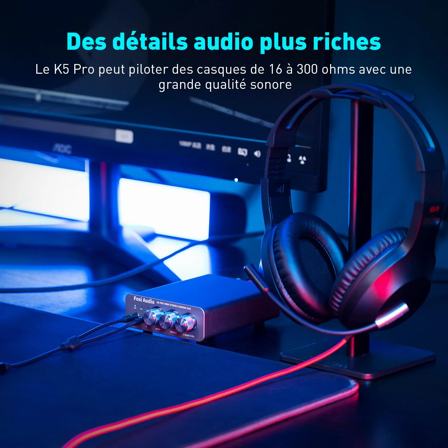 Fosi Audio K5 Pro Amplificateur Casque USB C DAC HiFi, Entrées USB/Optique/Coaxiale/Microphone vers Sortie AUX/RCA 3,5 mm, Ampli DAC de jeu Haute Résolution pour PS5/PC/MAC/Haut-Parleurs Actifs