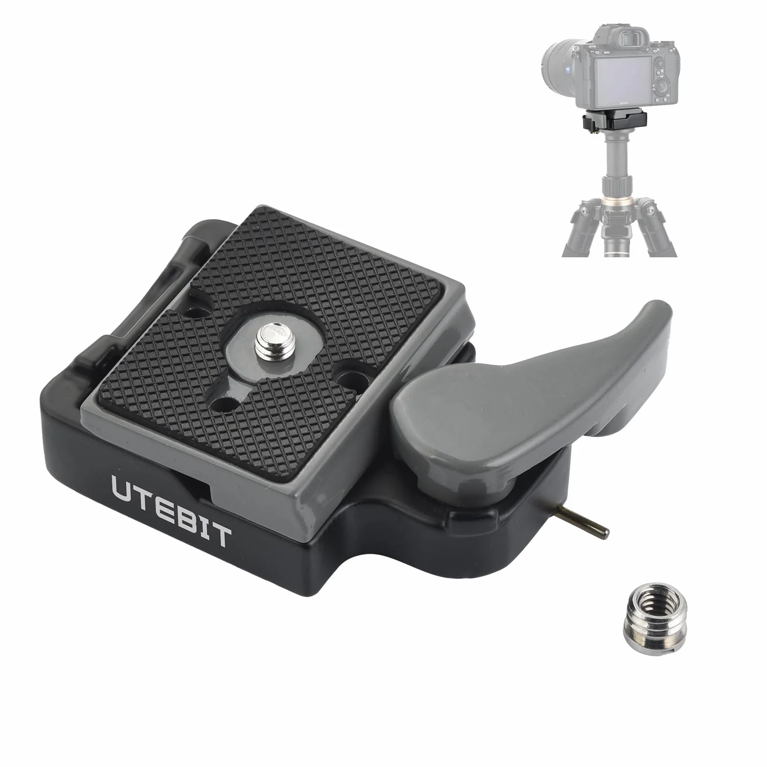 UTEBIT Plateau Rapide Tête de Trépied avec Adaptateur 1/4'' à 3/8'', Plateau de Dégagement Rapide Compatible avec Manfrotto 200PL-14 Plaque de Fixation Rapide pour Appareil Photo Gris