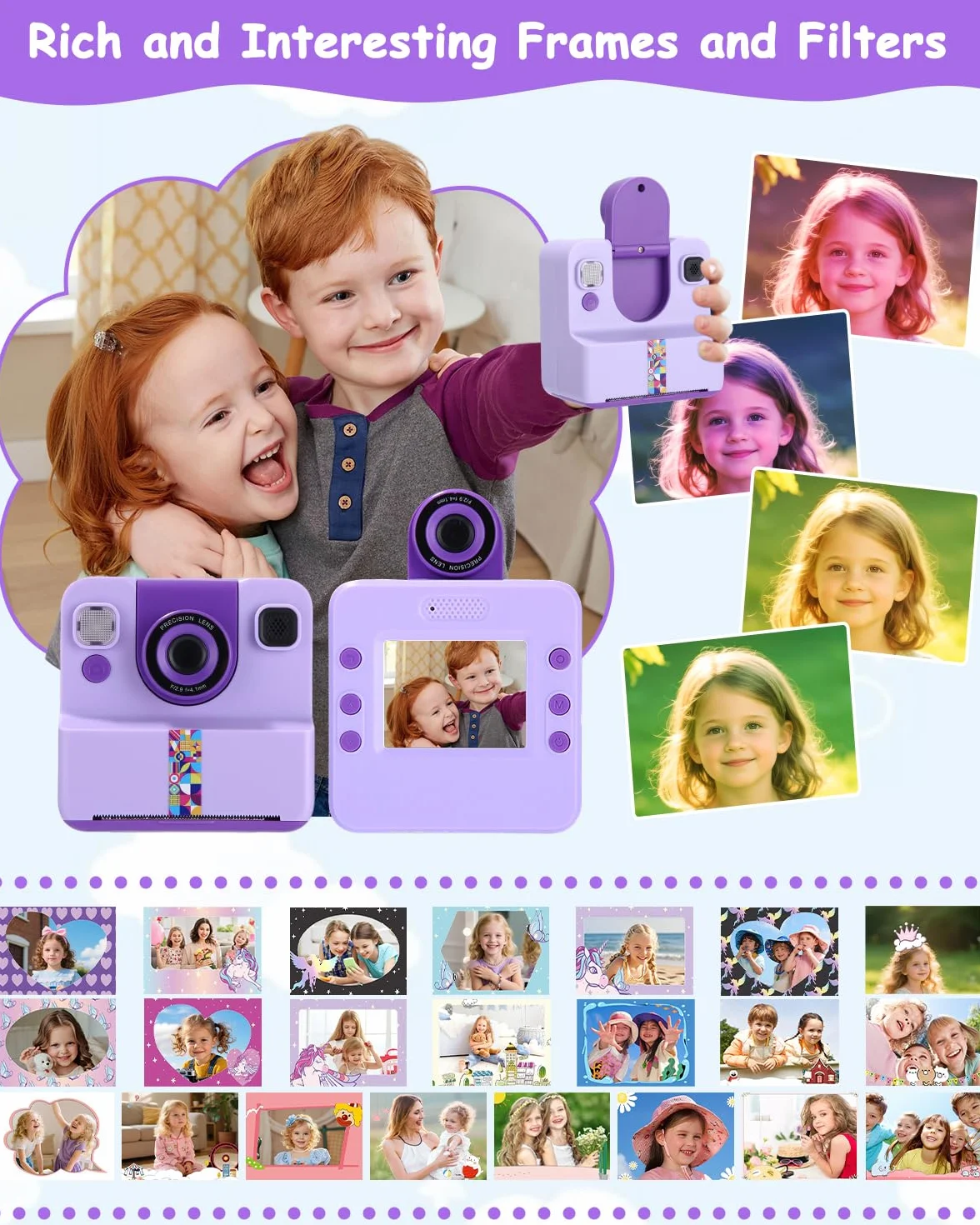 Appareil Photo Enfant, Appareil Photo Instantané Enfant, Kit avec 5 Rouleaux de Papier, 2.4" Écran, Vidéo 1080P et Selfie, Carte 32 Go, Cadeau Créatif pour Fille Garçon 3-12 Ans, Violet