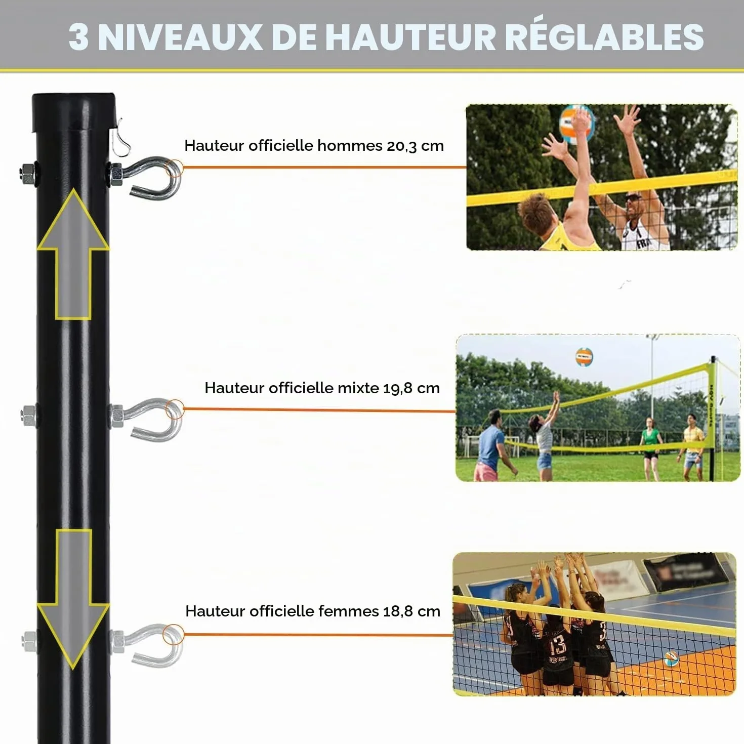 Kit de filet de volleyball professionnel réglable 9,5 m, poteaux en acier, marquage terrain, volley-ball, sac de transport pour plage jardin