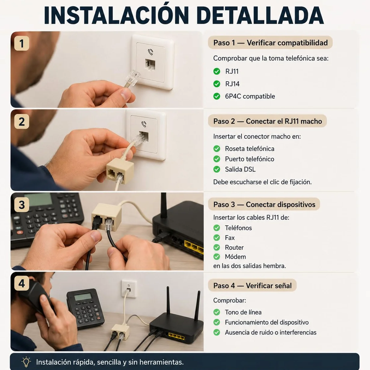 CABLEPELADO Répartiteur de téléphone 6P4C RJ11 mâle vers double RJ11 | Adaptateur avec câble - Beige