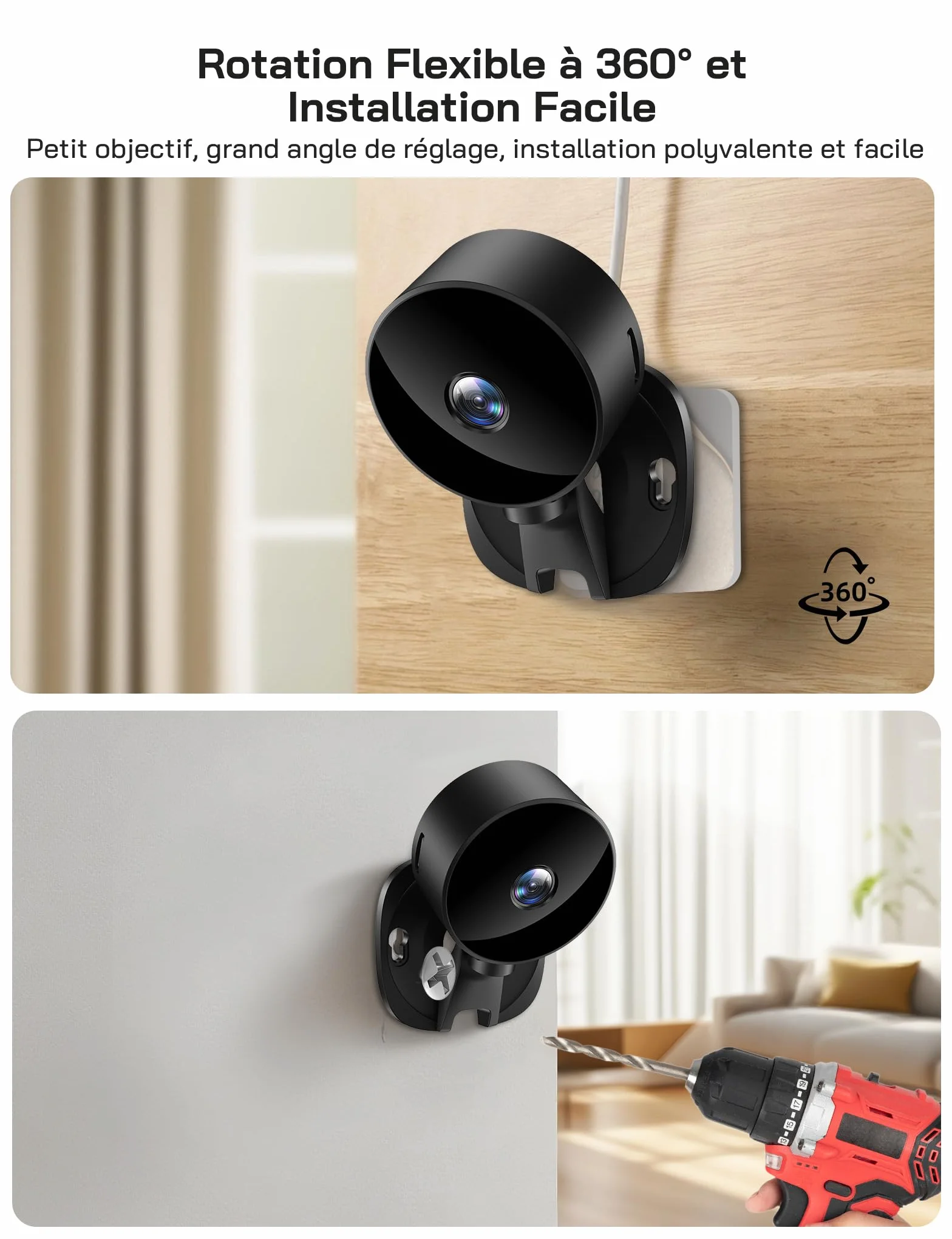 WOLFANG Caméra Intérieure sans Fil 1080P, Caméra WiFi avec Vision Nocturne, Détection de Mouvement, Audio Bidirectionnel, Compatible Alexa & Google Home, WiFi 2,4 GHz Uniquement