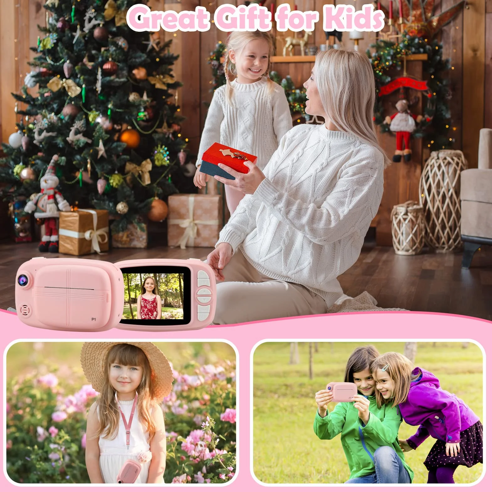 Appareil Photo Instantané Enfant, 3,5" Appareil Photo Enfants Cadeaux pour 3 à 14 Ans, Papier d'impression sans Encre et 32GB Carte, 12MP 1080P Enregistreur Photos Vidéo 3 en 1 Jouet (Rose)
